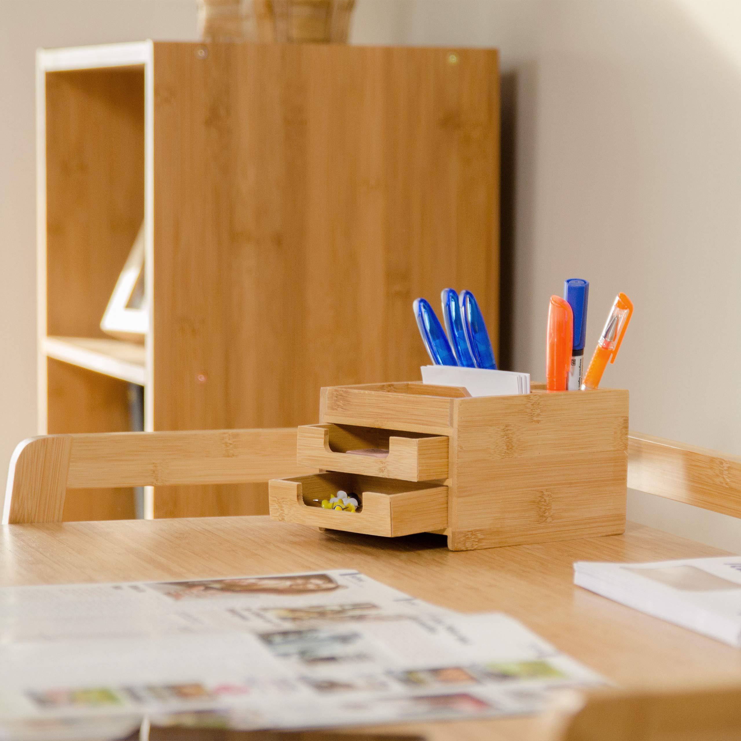 Relaxdays Monitorständer, Bildschirmständer aus Bambus, 14 Fächer, 15x65x28 cm, Natur & Schreibtisch Organizer Bambus, Stiftehalter Holz, Schreibtischbox Schubladen, HxBxT: 9,5 x 12,5 x 15 cm, Natur