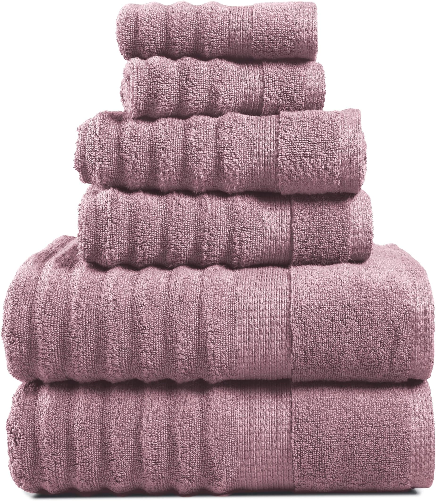 LANE LINENLuxury Ribbed Bath Towels - 100% Cotton Towels for Bathroom, Zero Twist, Textured Shower Towels, Absorbent, 2 Bath Towels, 2 Hand Towels, 2 Wash Cloths (6 Piece Set) - Wishful Mauve
