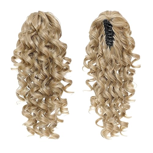 SWACC Extensiones de cola de caballo de 12 pulgadas con clip sintético con cordón rizado extensión de cabello con clip de mandíbula mezcla de rubio