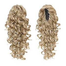 SWACC 12-Inch Ponytail Extensions Synthetic Clip in Drawstring Curly Ponytail Hairpiece Jaw Clip Hair Extension (Honey Blonde Blended-16/18)