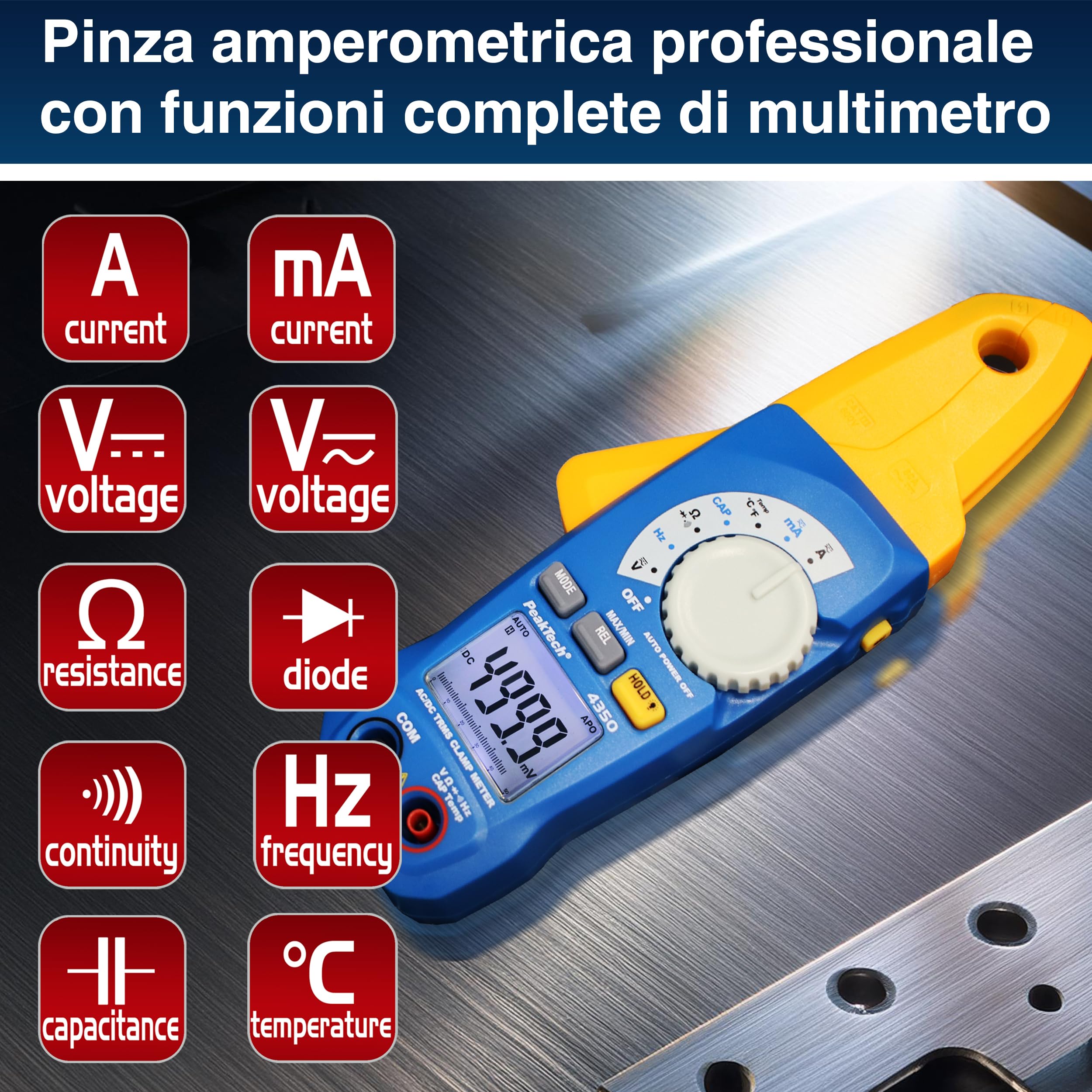 Peaktech P 4350 – Morsetto Ca/Cc 80A True Rms, Multimetro Digitale, Pinza Amperometrica, Autorange, 4000 Conteggi, Voltmetro senza Contatto, Amperometro, Tester di Continuità - Max 600 V