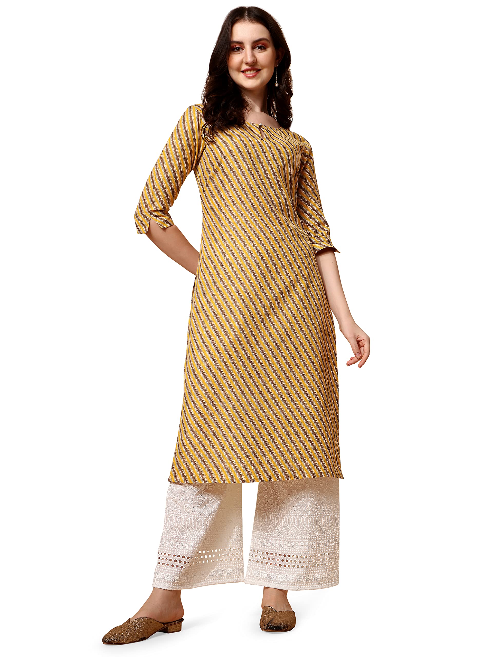 Nainvish Women's Cotton Blend Straight Round Neck Printed Kurta (Sd416_K-L_Light Yellow)