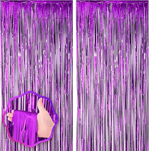 Paquete de 4 cortinas de telón de fondo de flecos de papel de aluminio morado, decoraciones de fiesta de cumpleaños, telón de fondo con flecos para