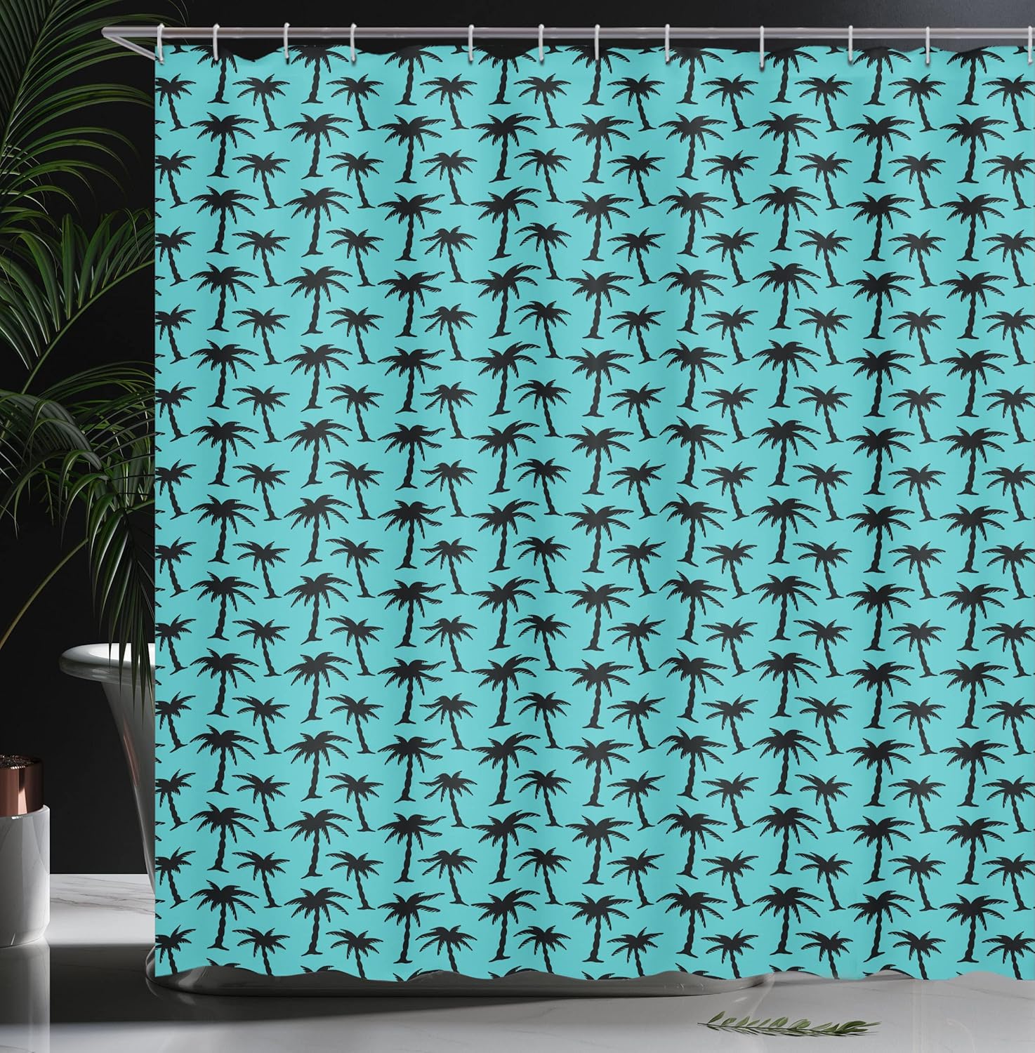 Ambesonne Palm Tree Shower Curtain, Black Silhouettes of Coconut Trees in Cartoon Style on Turquoise Backdrop, Cloth Fabric Bathroom Decor Set with Hooks, 69" W x 70" L, Turquoise Black