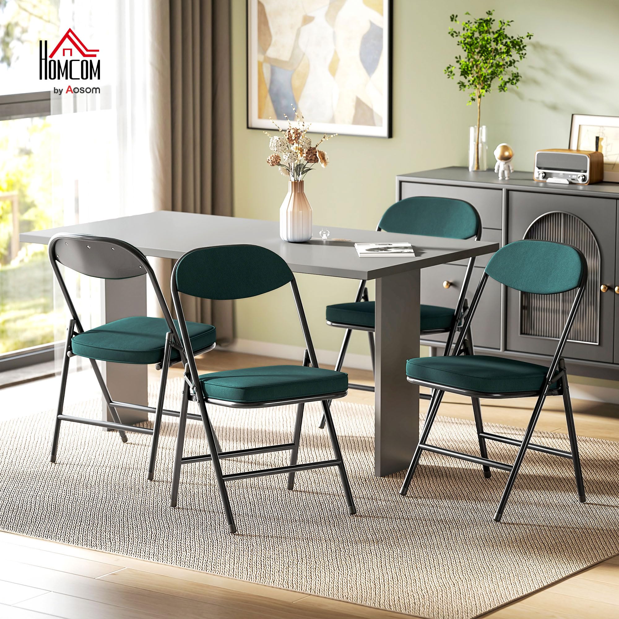 HOMCOM Lot de 4 Chaises Pliantes Portables Intérieur Charge 120 kg Bleu | Chaise Salle à Manger, Assises et Dossiers Rembourrées en Velours Côtelé, Cadre en Acier
