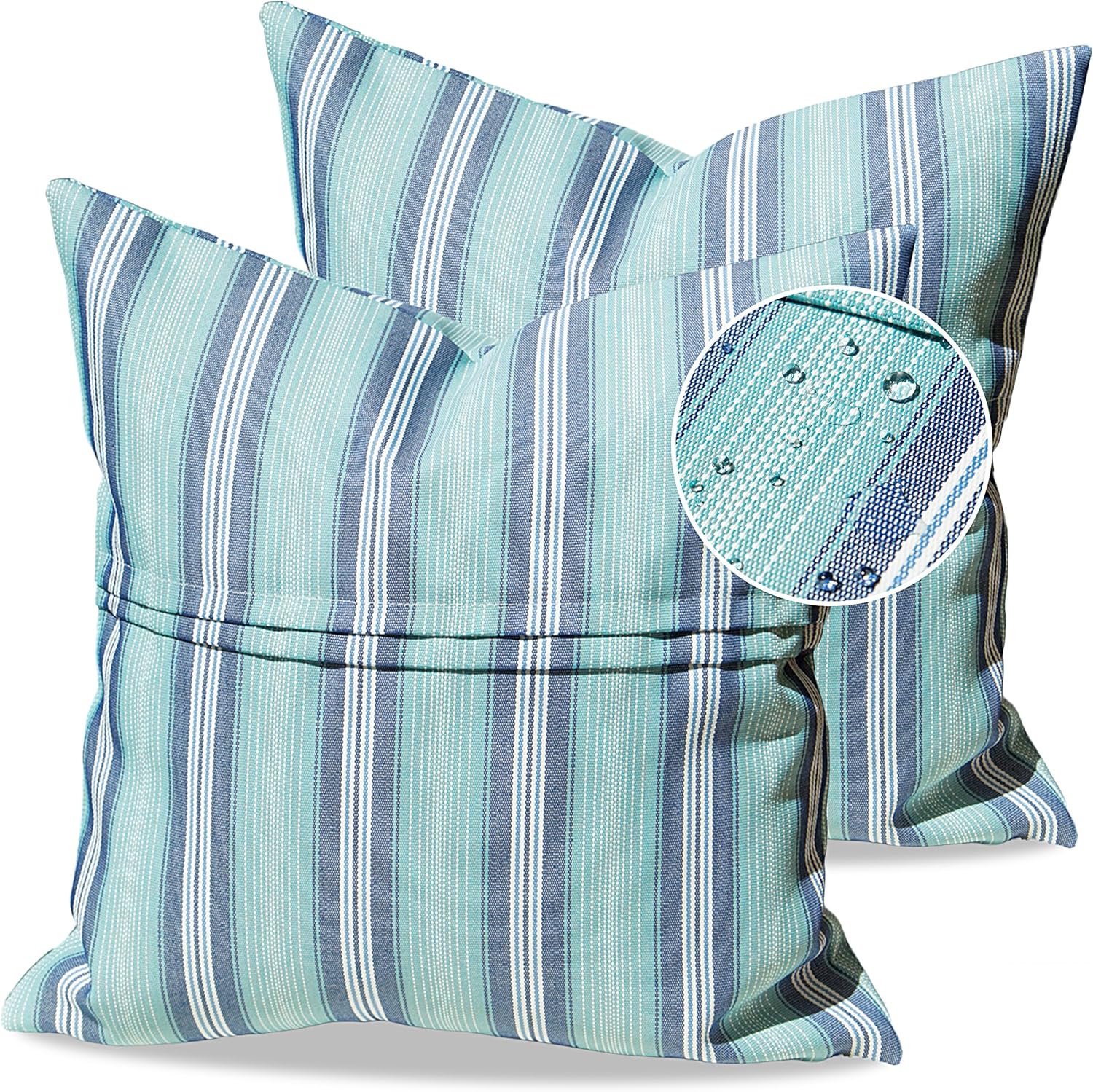Set of 2 Spring Outdoor Pillow Covers Waterproof 18x18 Decorative Outdoor Throw Pillows Garden Pillowcases for Patio Furniture, Couch,Bench- Blue and White Striped Coastal Hampton Style
