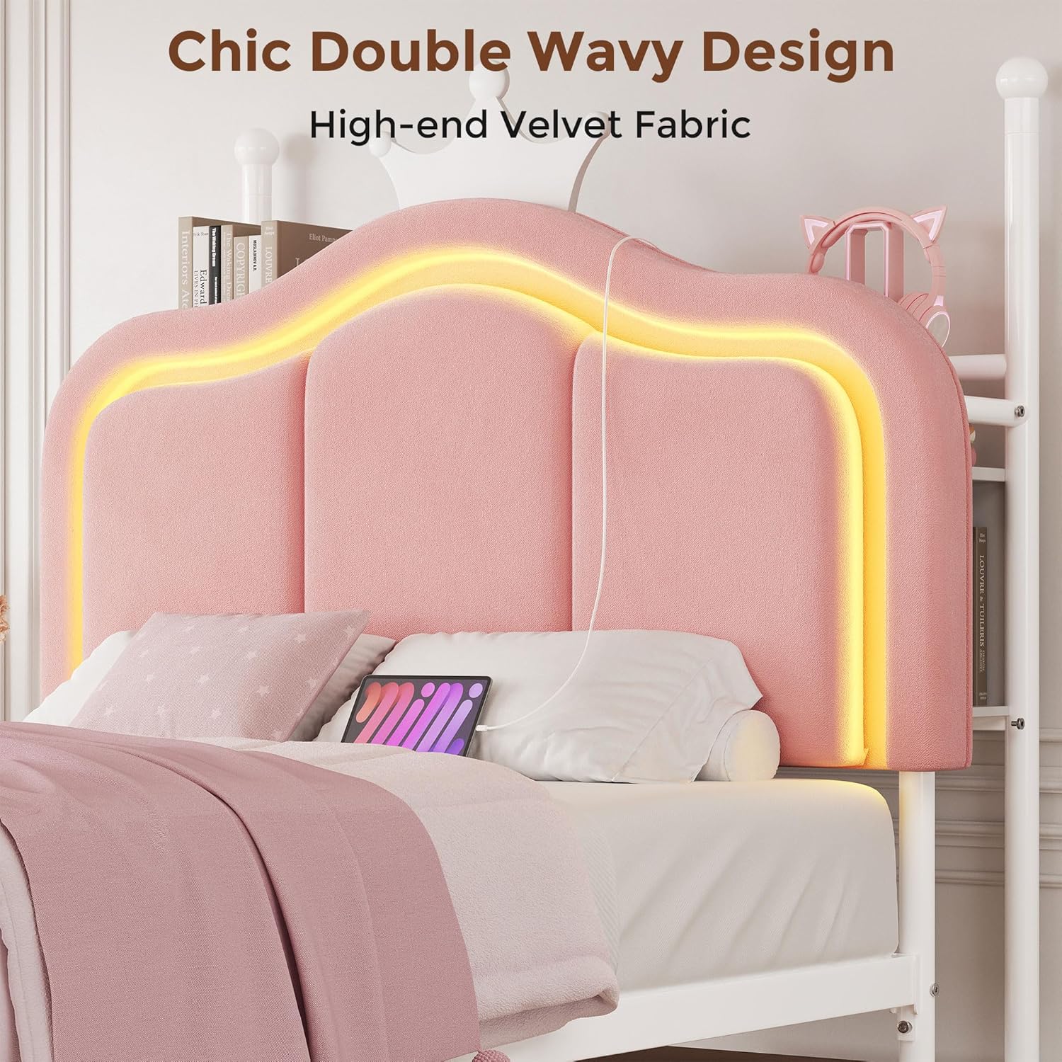 Girls Twin Velvet Upholstered LED Canopy Bed Frame with 2 Storage Drawers and Charging Station, Crown Storage Headboard with Bookshelf, Two-Use Princess Platform Bed with 4 Removable Posts- Pink