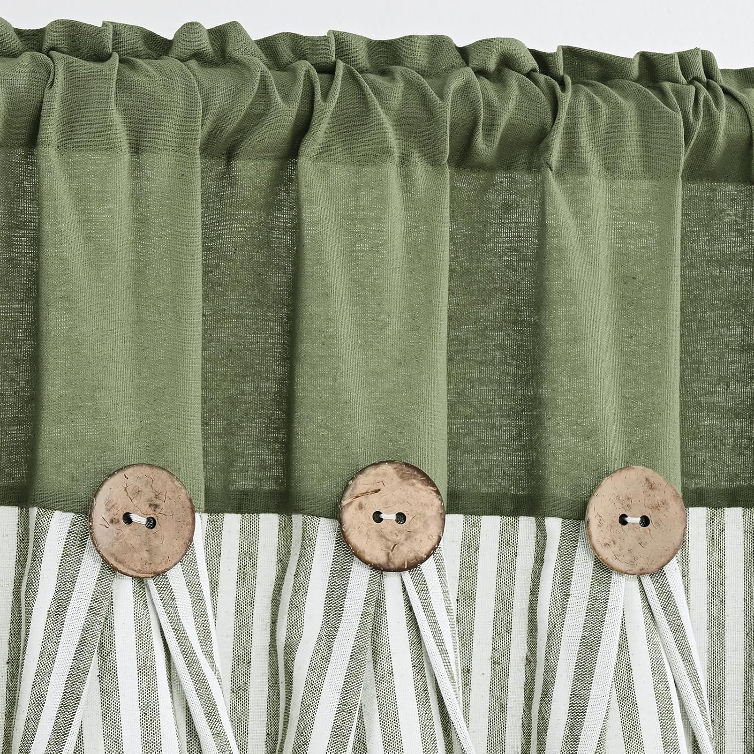 ASPMIZ Farmhouse Cotton Linen Swag Valances for Windows, Boho Kitchen Curtains Valances with Rustic Buttons, Green Striped Window Treatments Curtain Valance for Bathroom Cafe, 61 x 36 Inch, 1 Panel image 4