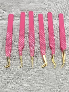 Tweezers Set of 6 Different Shapes Pink Eyelashes Tweezers