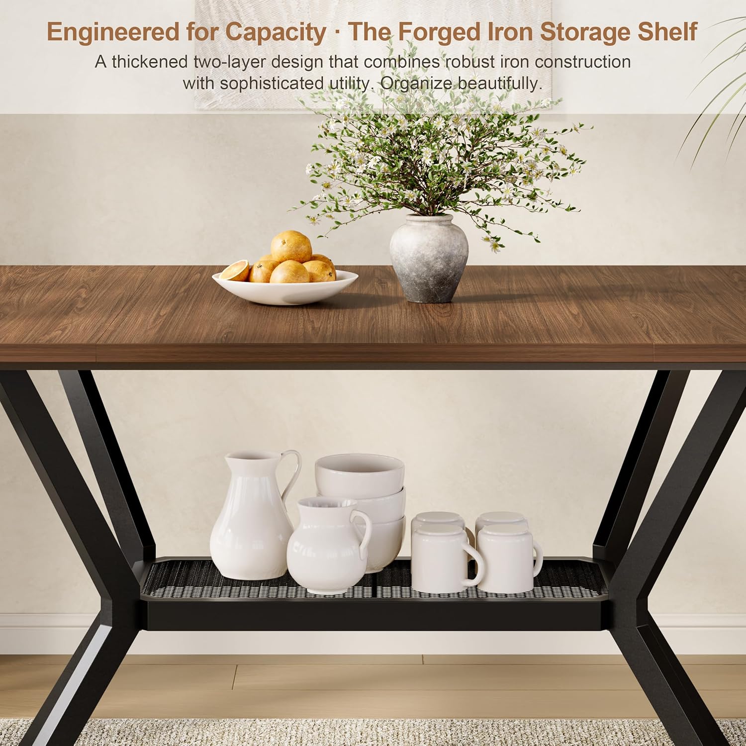 55 inch Dining Table for 4-6, Rectangle Kitchen Table with Storage Shelf, Space Saving Modern Farmhouse Design with Sturdy Metal Legs for Dining Room & Small Apartments