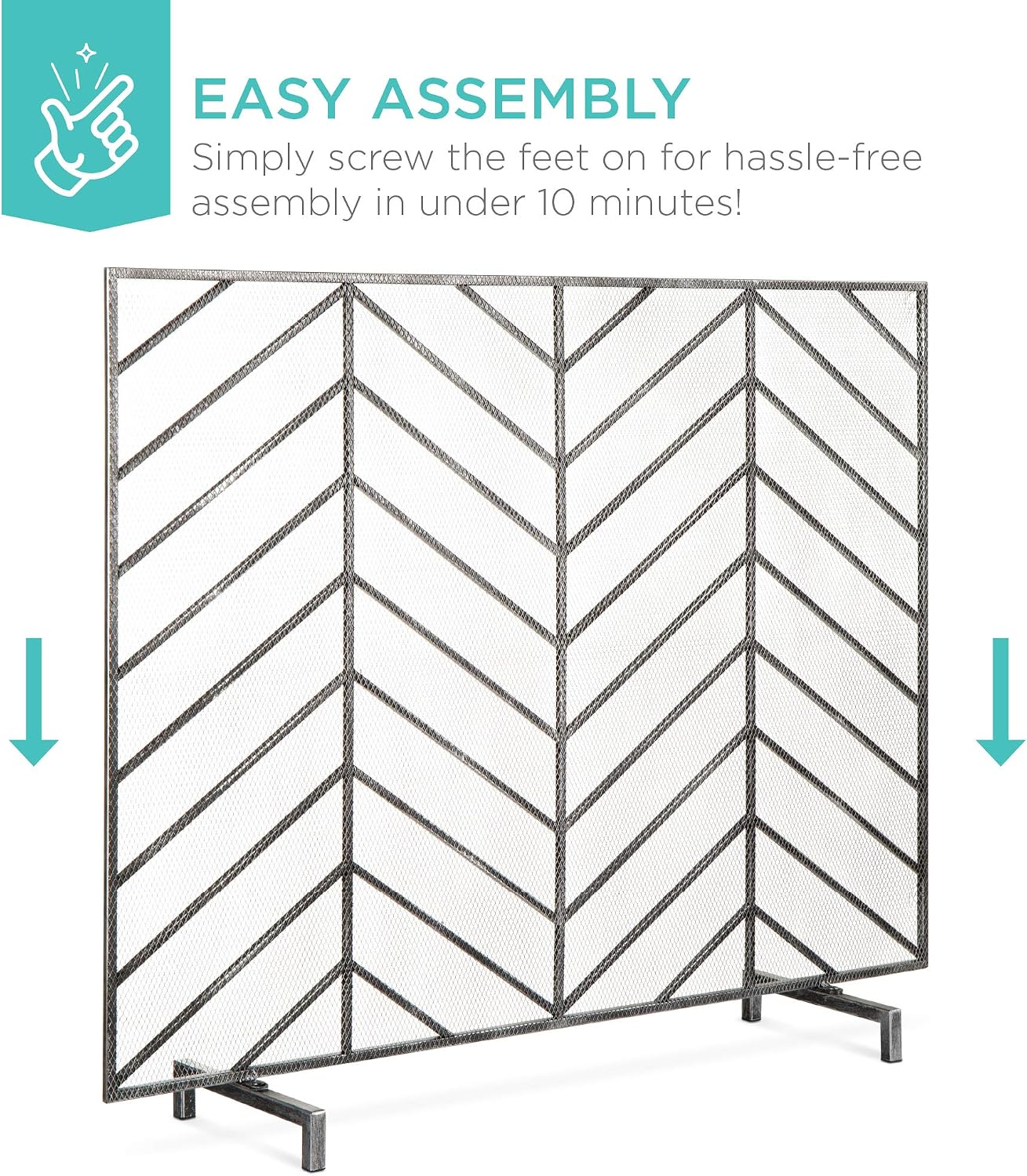 Best Choice Products 38x31in Single Panel Handcrafted Wrought Iron Mesh Chevron Fireplace Screen, Fire Spark Guard for Living Room, Bedroom Décor w/Distressed Antique Finish - Pewter