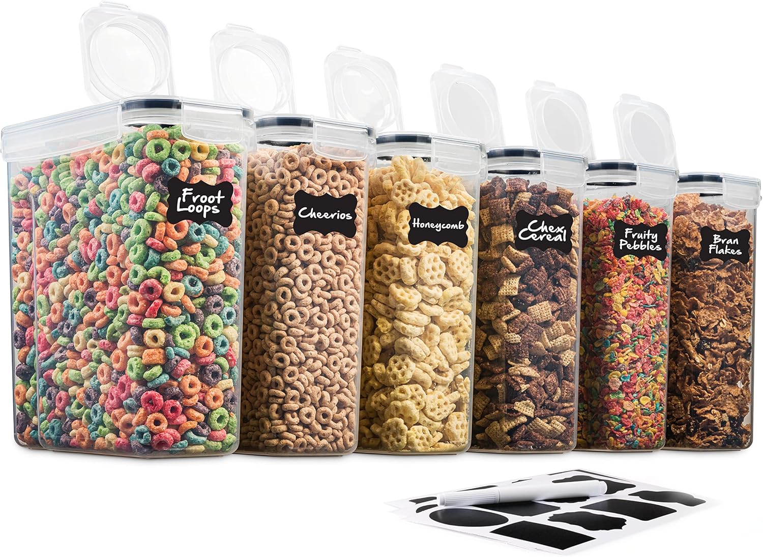 6 Pack Airtight Cereal Food Storage Container - BPA Free Plastic Kitchen and Pantry Organization Canisters for, Dry Pet Food, Flour, Sugar, Rice, Nuts, Snacks & More (135.5 Oz) Labels & Chalk Marker - Thumbnail 3