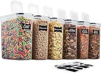 6 Pack Airtight Cereal Food Storage Container - BPA Free Plastic Kitchen and Pantry Organization Canisters for, Dry Pet Food, Flour, Sugar, Rice, Nuts, Snacks & More (135.5 Oz) Labels & Chalk Marker