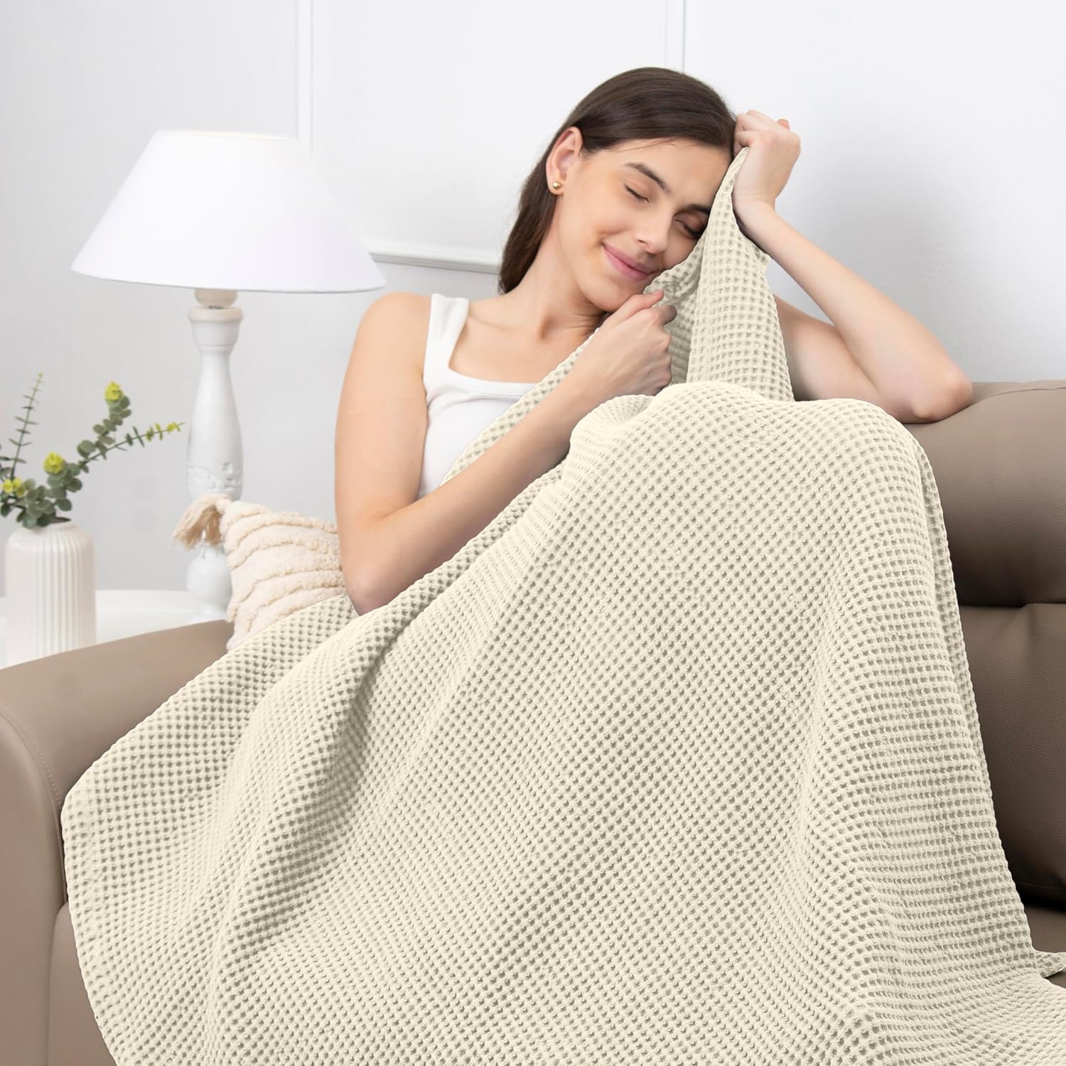 Organic Cotton Waffle Blanket Queen Size (90" x 90") Lightweight, Breathable and Soft, Luxurious Best Waffle Blanket for All-Season - Summer, Spring, Winter (Beige) - Image 5