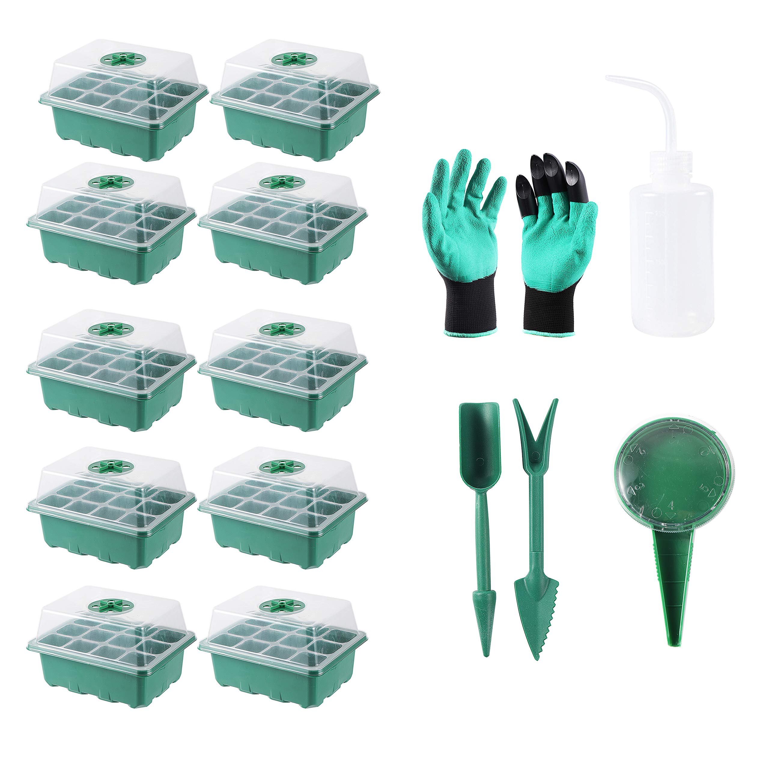120 Cells Seedling Starter Trays Kit Green House Supplies Seed Trays with Dome and Base, Plus Planting Tools and Gardening Gloves（12 Cells per Tray）