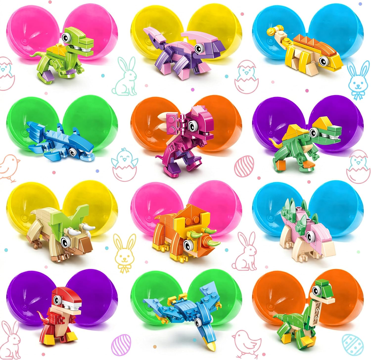 LINAYE 12 Packs Prefilled Easter Eggs with Toys Inside, Pre Filled Stuffed Easter Eggs with Dinosaur Building Blocks Toys for Egg Hunt Game Prizes, Basket Stuffers Gifts for Kids Boys