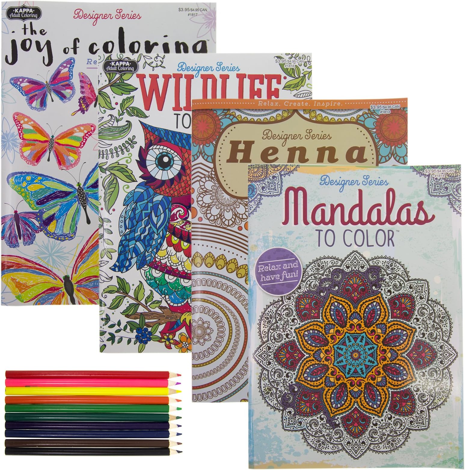 4 Adult Coloring Books Designer Series 10 Colored Pencils Stress Relief Mandalas