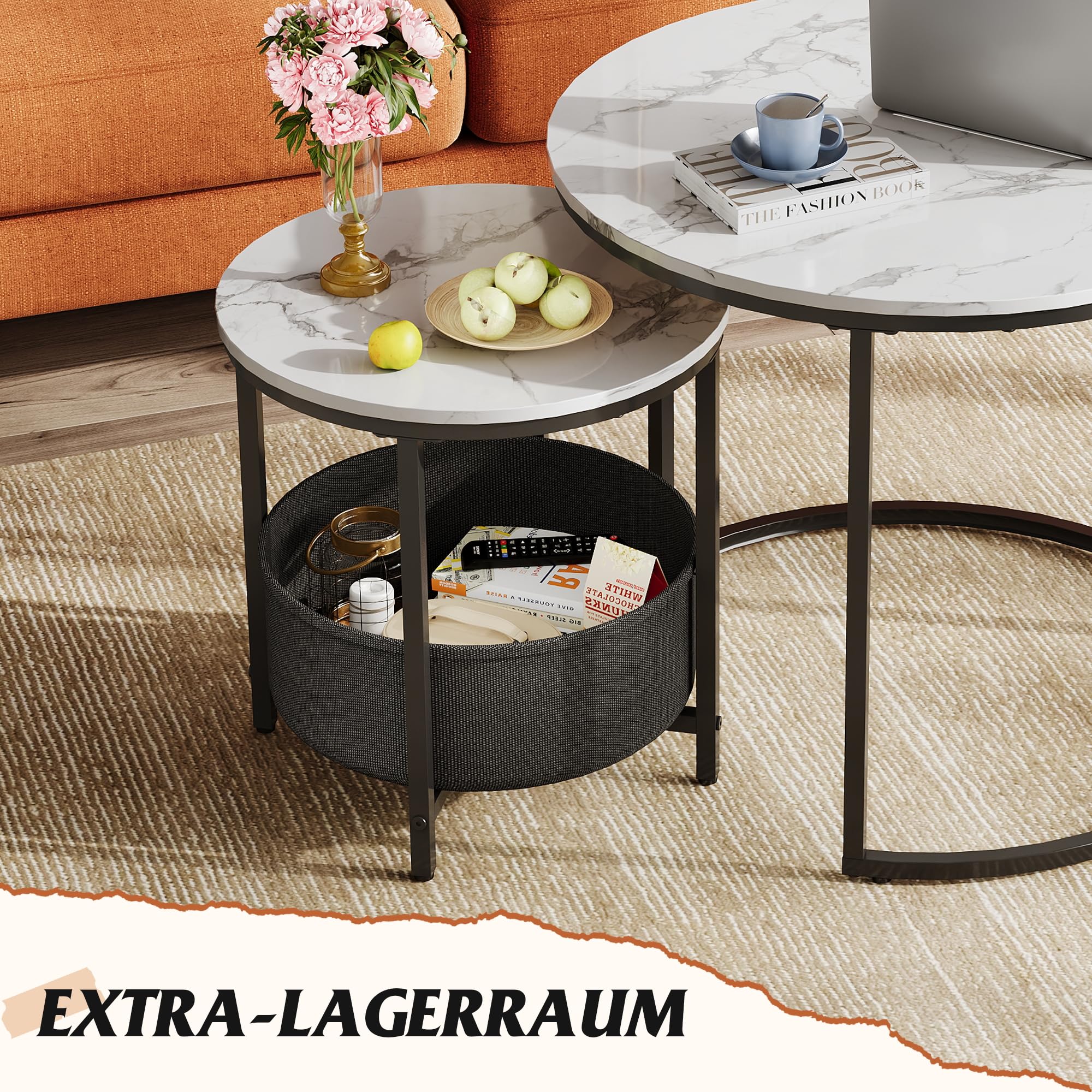 WLIVE Couchtisch 2er Set, Beistelltisch Rund mit Stauraum, Wohnzimmertisch Holz mit Metallrahmen, Sofatisch für Wohnzimmer Schlafzimmer (Marmor Weiß, 60 cm und 40 cm Durchmesser)