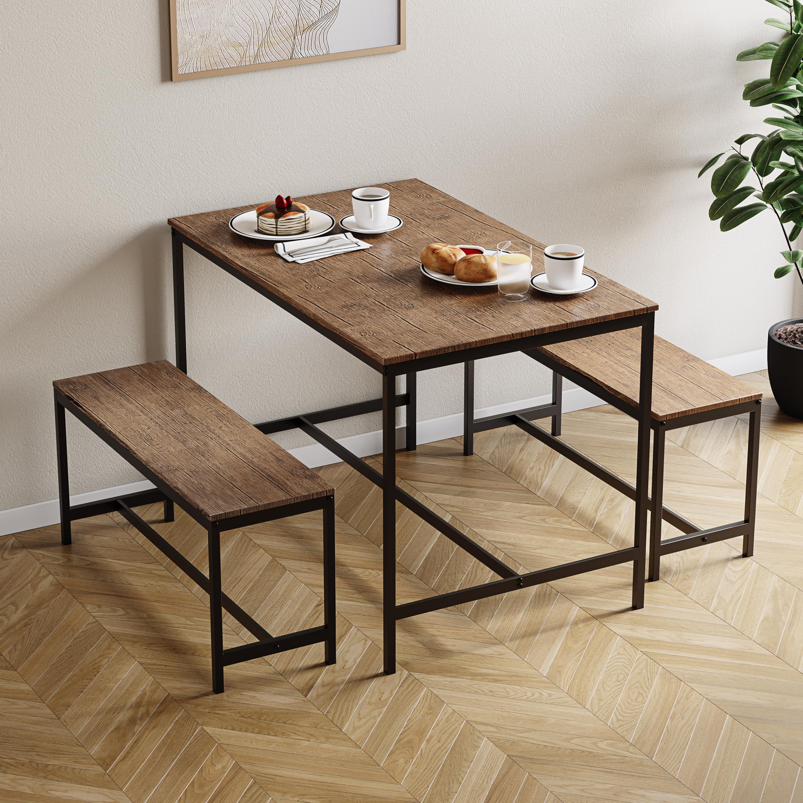 Vida Designs Roslyn 4 Seater Dining Set | Dark Wood | 3 Piece Dining Room Complete Set | 75H x 110W x 70D cm | with 2 Benches | Rustic | Solid Metal Frame | Industrial Design — image 1