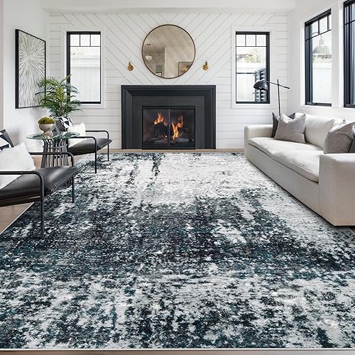 8x10 Area Rugs Washable Rug, Soft Modern Abstract Rugs for Living Room Large Low Pile Thin Rug Non Slip Indoor Neutral Carpet for Bedroom Dining Room Farmhouse Office Kids Playroom Black Grey Blue
