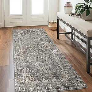 GENIMO 2x5 Non Slip Hallway Runner Rug, Machine Washable, Thin & Low Pile Lightweight for Kitchen, Laundry, Entryway, Bedroom & Living Room, Light Gray