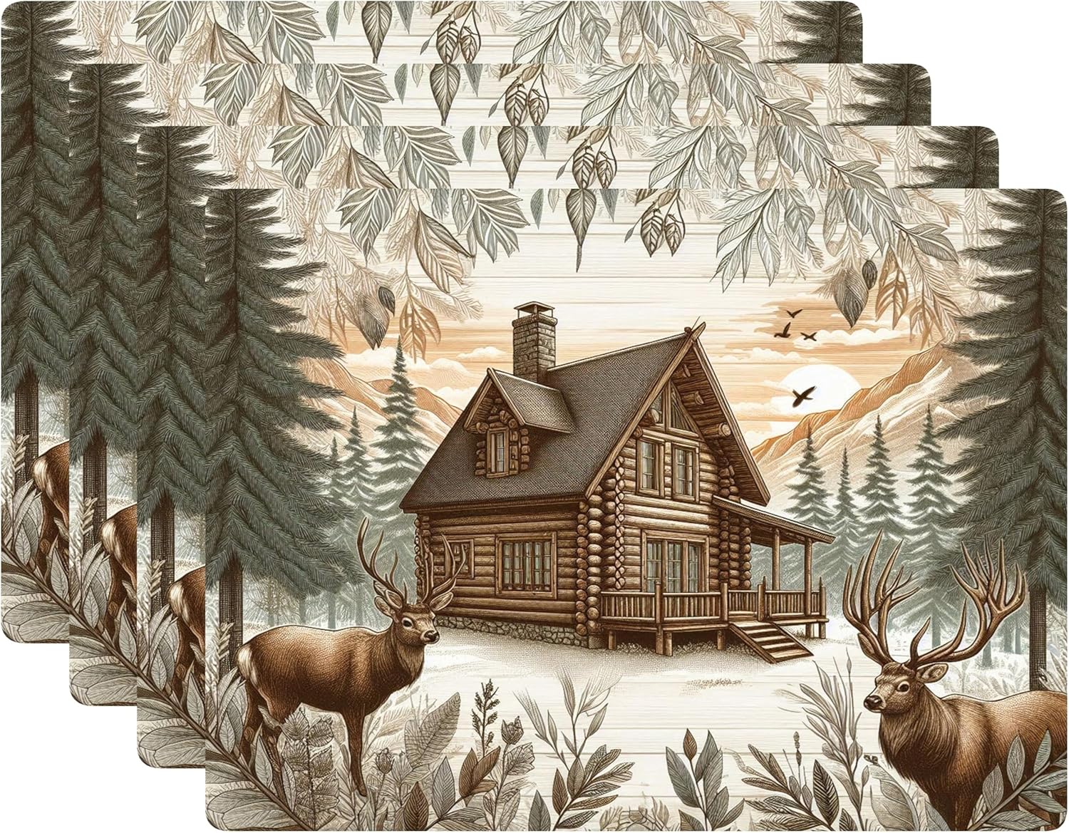 Set of 4 Cork Backed Placemat, Kitchen and Dining Table Decoration Design Hard Placemat 12" x 16" (Forest Cabin)