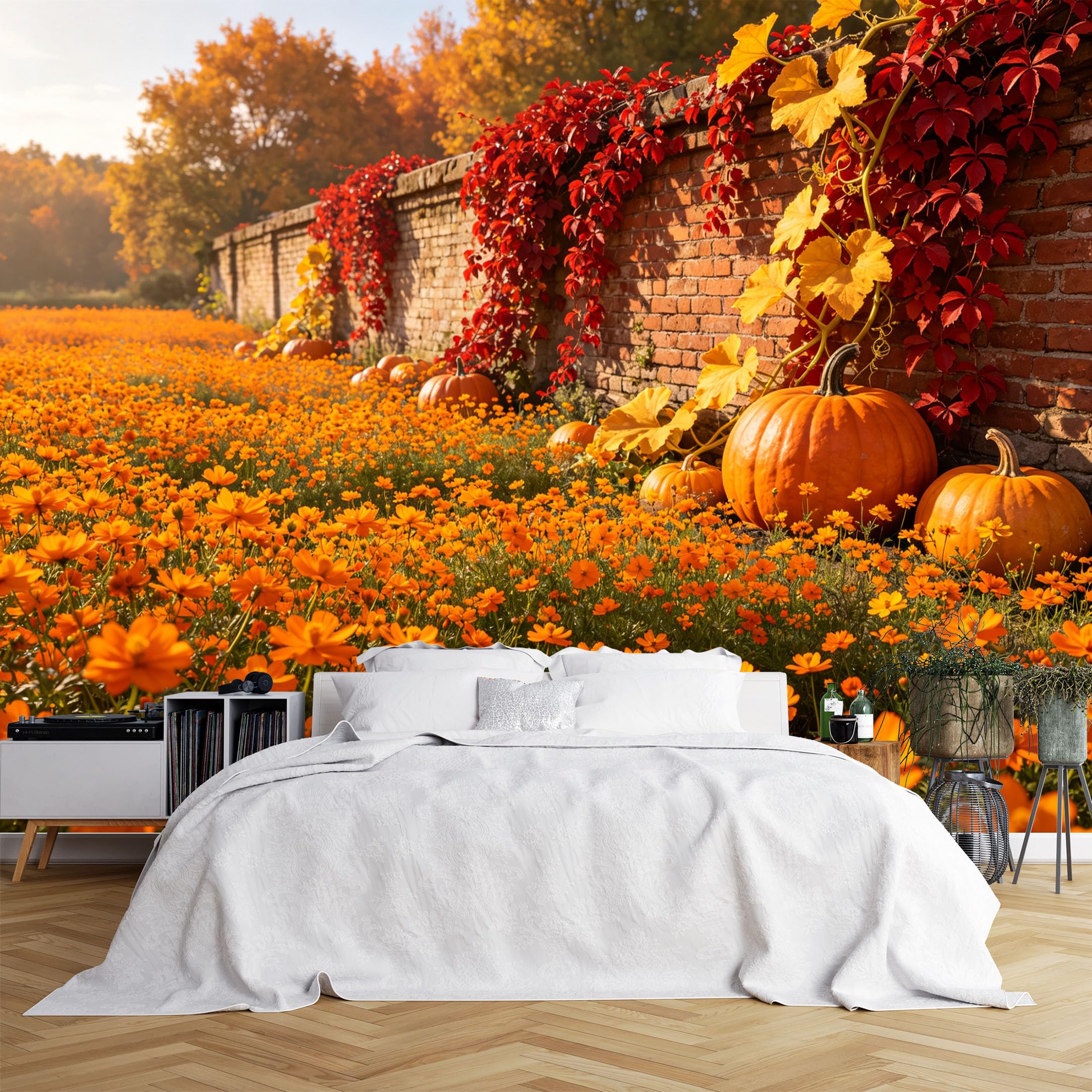 Lcythiazole Ch260615197 Custom Size Wall Murals Autumn Cosmos Pumpkin Ivy Brick Wall Fall Vivid Self-Adhesive Wall Fabric (No Pvc) Removable Wallpaper For Entryway Living Room