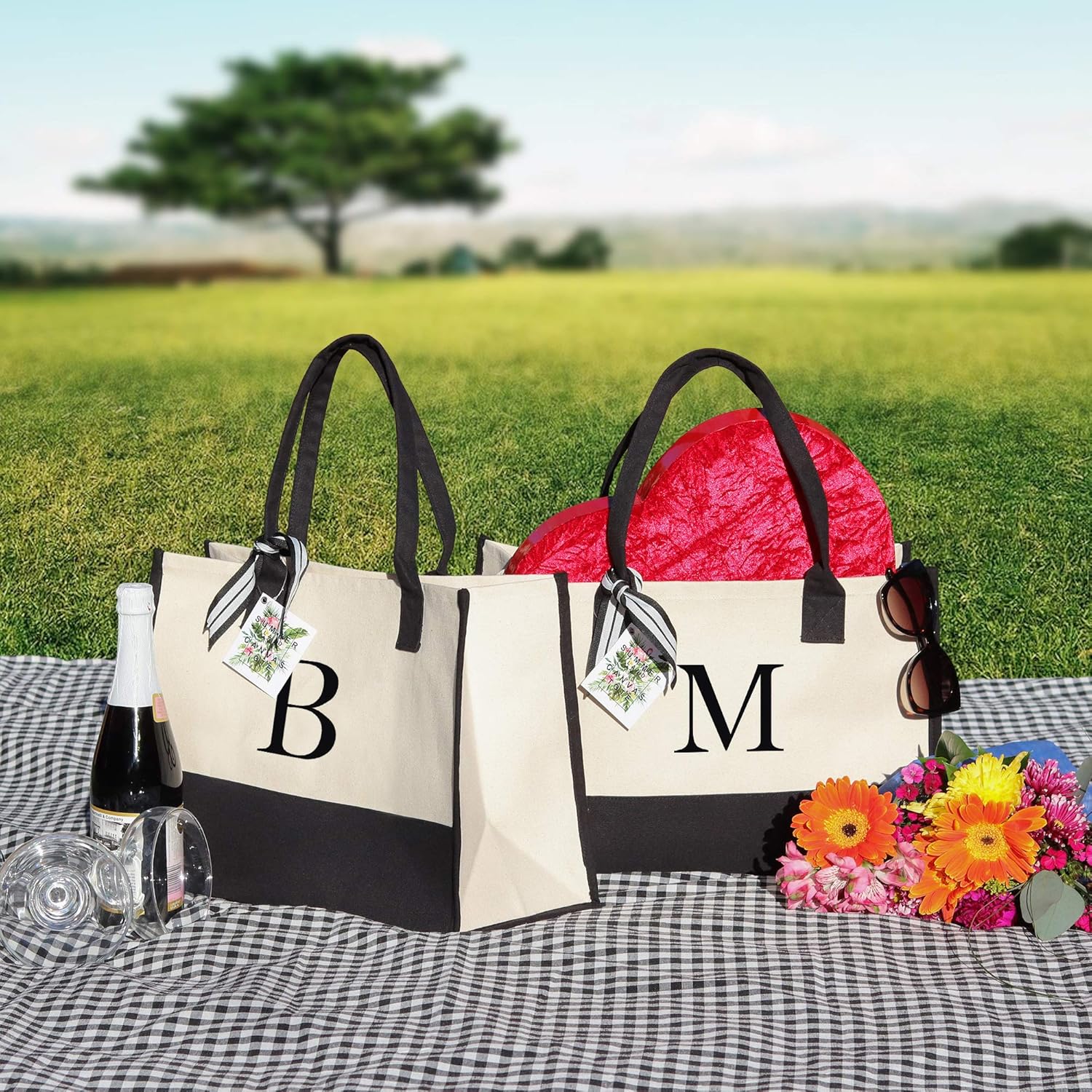 VANESSA ROSELLA Personalized Gift Monogram Initial 100% Cotton Two Tone Chic Tote Bag with Customize Option - Black - Image 6