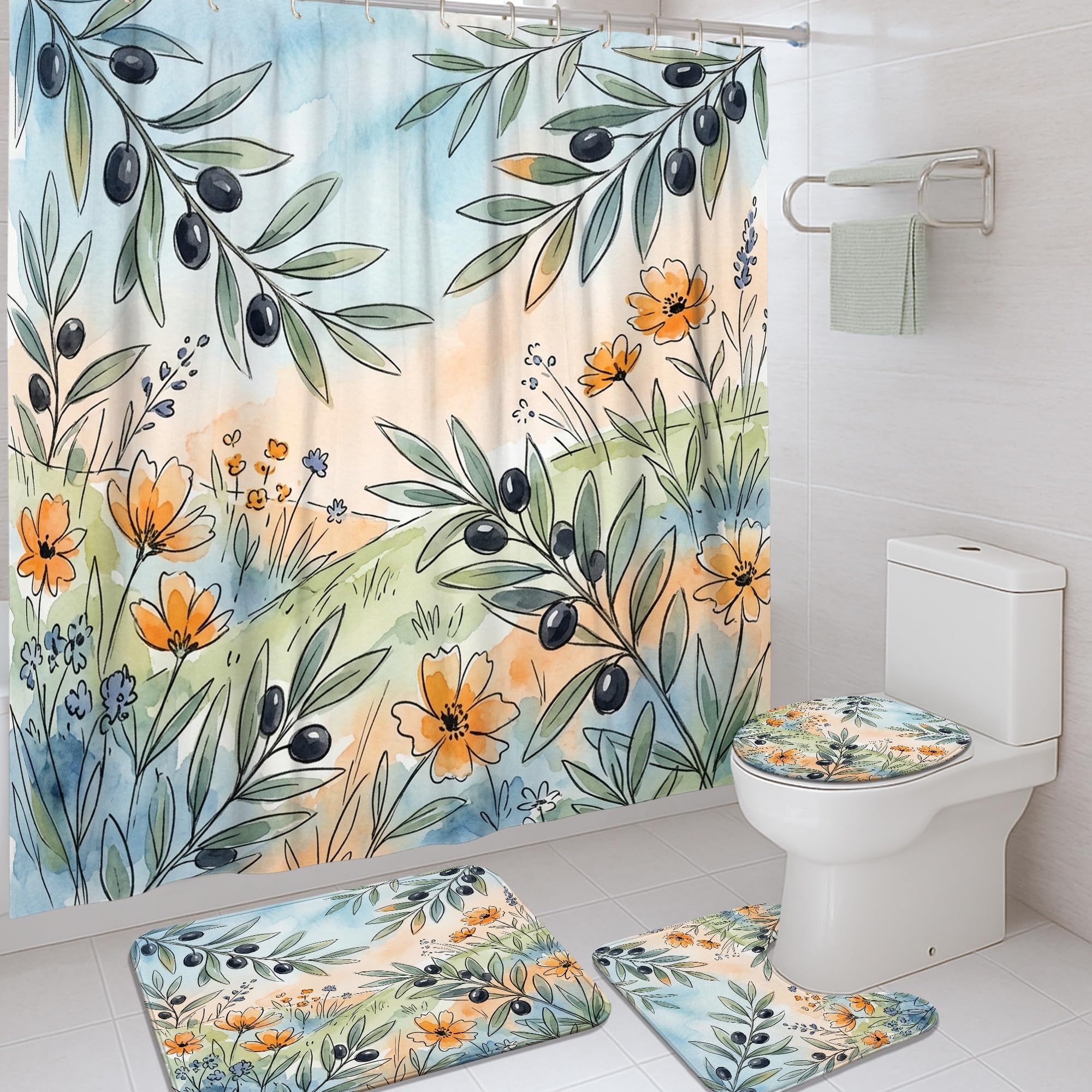 Ensemble rideau de douche feuilles vertes et tapis pour salle de bain d'appartement