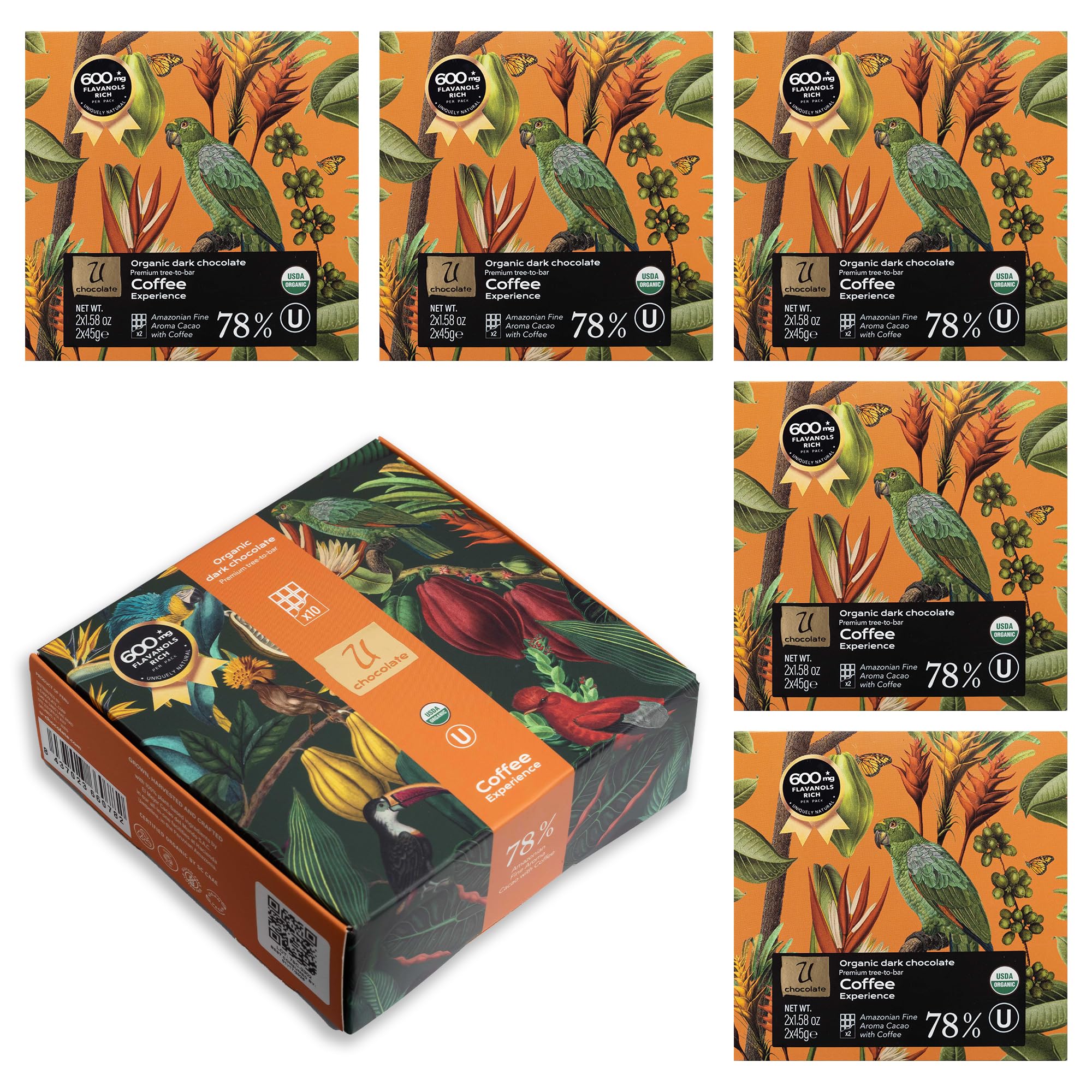 U Organic Dark Chocolate Bars Coffee - 10 X 1.58 Ounce - 600mg Cocoa Natural Flavanols-78% - Vegan - Paleo - Keto - Allergen Free - Gift Box -New EditionUSDA Organic