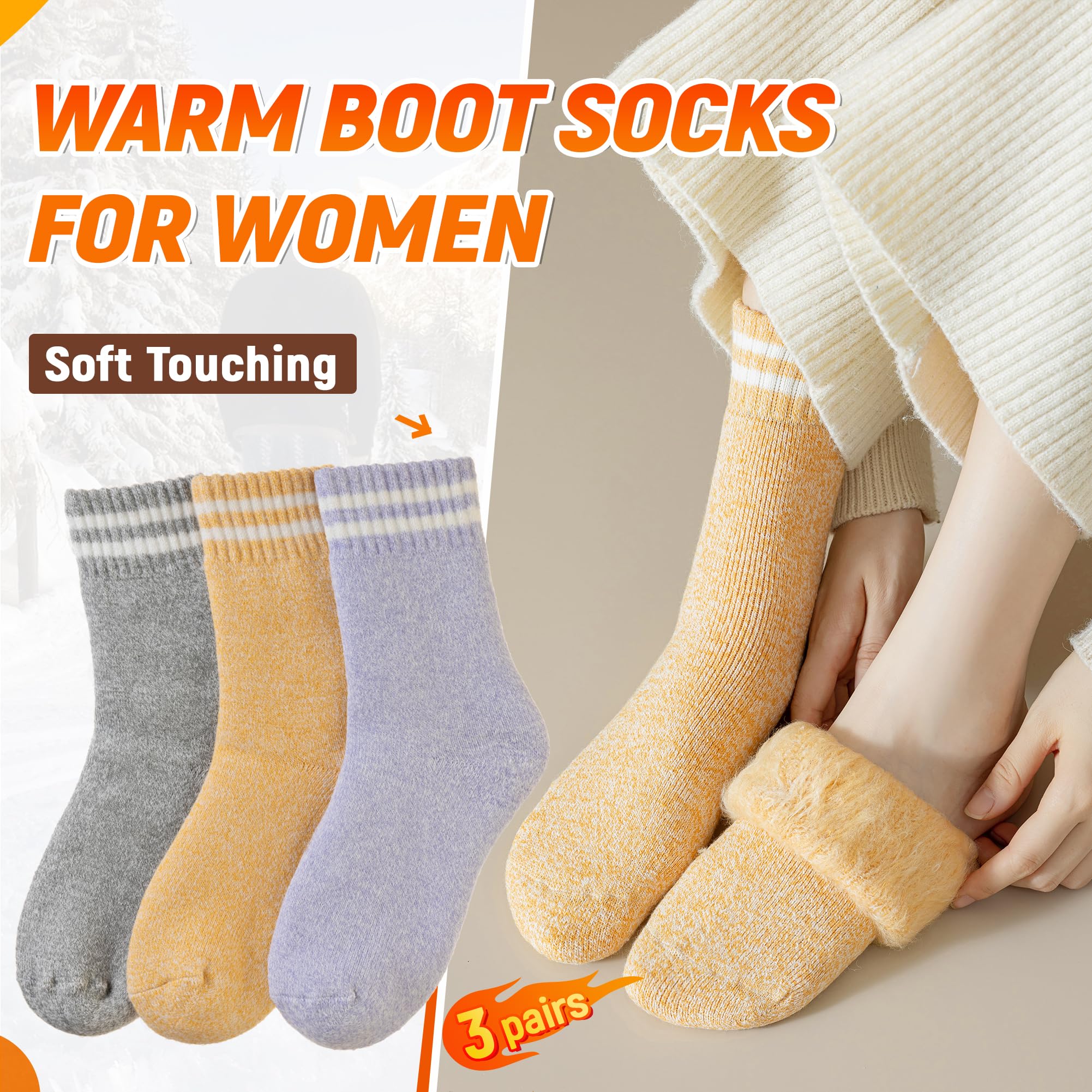 DoSmart Womens Warm Thermal Socks Winter Ski Extra Thick Insulated Heated Crew Boot Socks for Cold Weather 3 Pairs(Yellow/Purple/Light Grey)