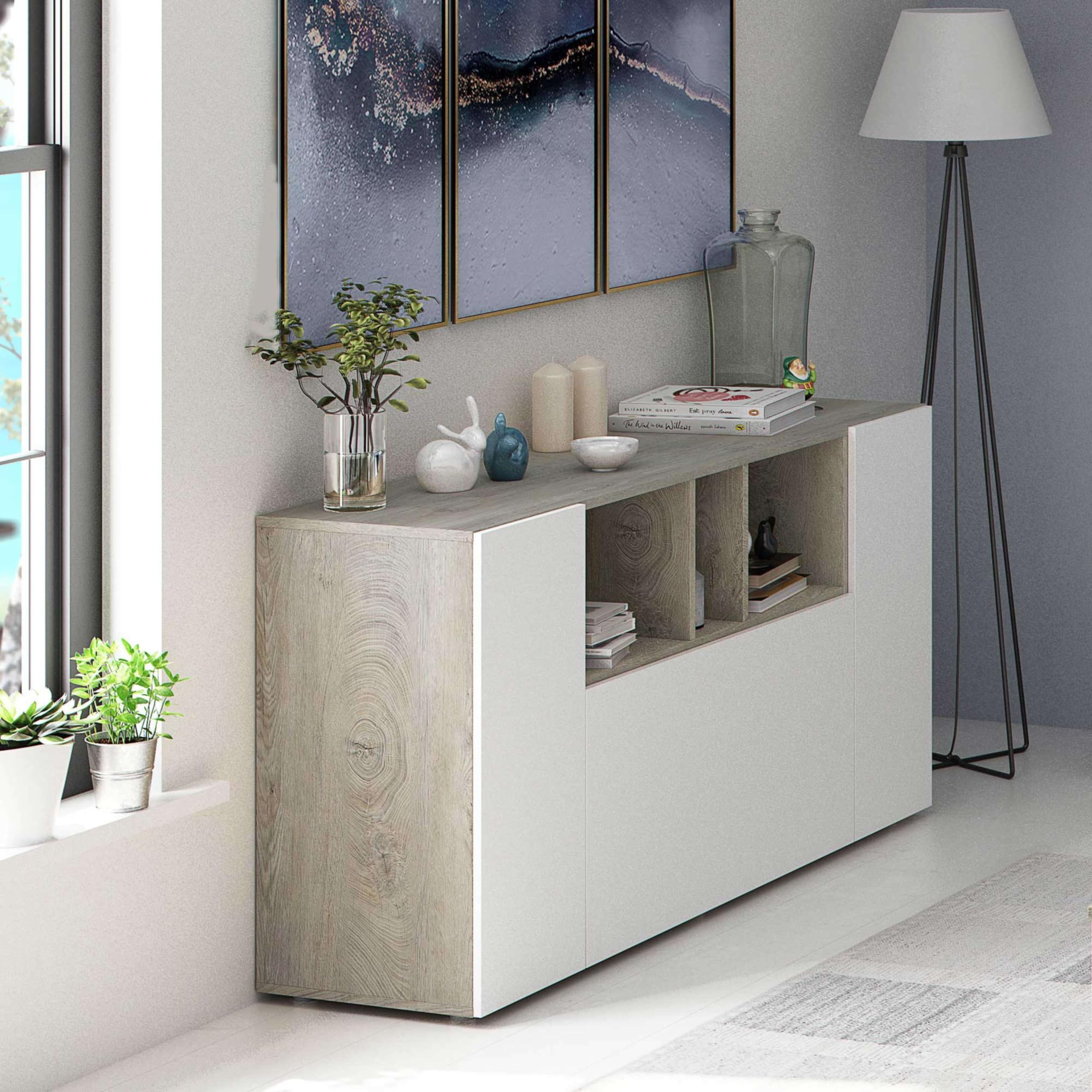 Habitdesign Küchenschrank 108x126cm - Beistellmöbel Weiß/Eiche 3 Türen