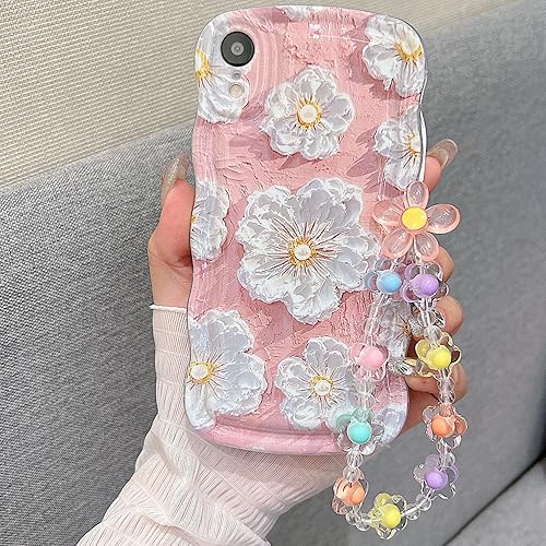 Miniatura 21 de para iPhone 13 Mini Funda rizada ondulada, linda funda protectora de pintura al óleo retro colorida con patrón de flores brillantes [con cadena de