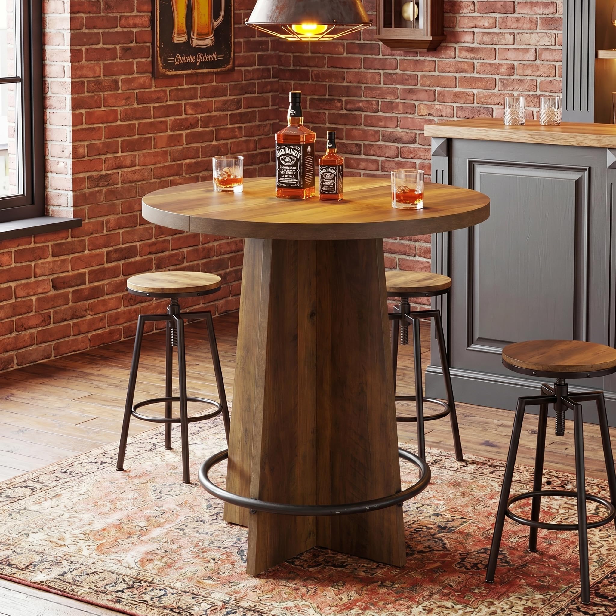 Tribesigns Tavolo rotondo da bar, alto 95 cm, in legno, Tavolino da Cocktail con base e poggiapiedi ad anello in metallo, per caffetteria, casa, piccoli spazi, marrone (solo tavolo)