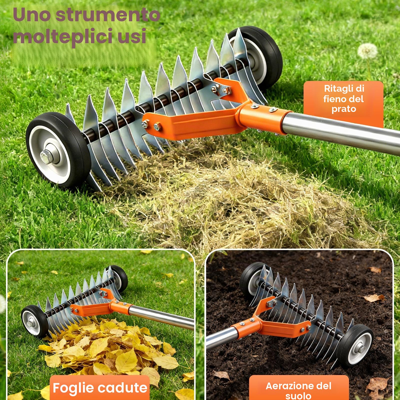 Scarificatore a mano con ruote, 166 cm, scarificatore manuale con manico regolabile, larghezza di lavoro 32 cm, 21 coltelli per scarificare, per giardino, cortile, prato, arancione