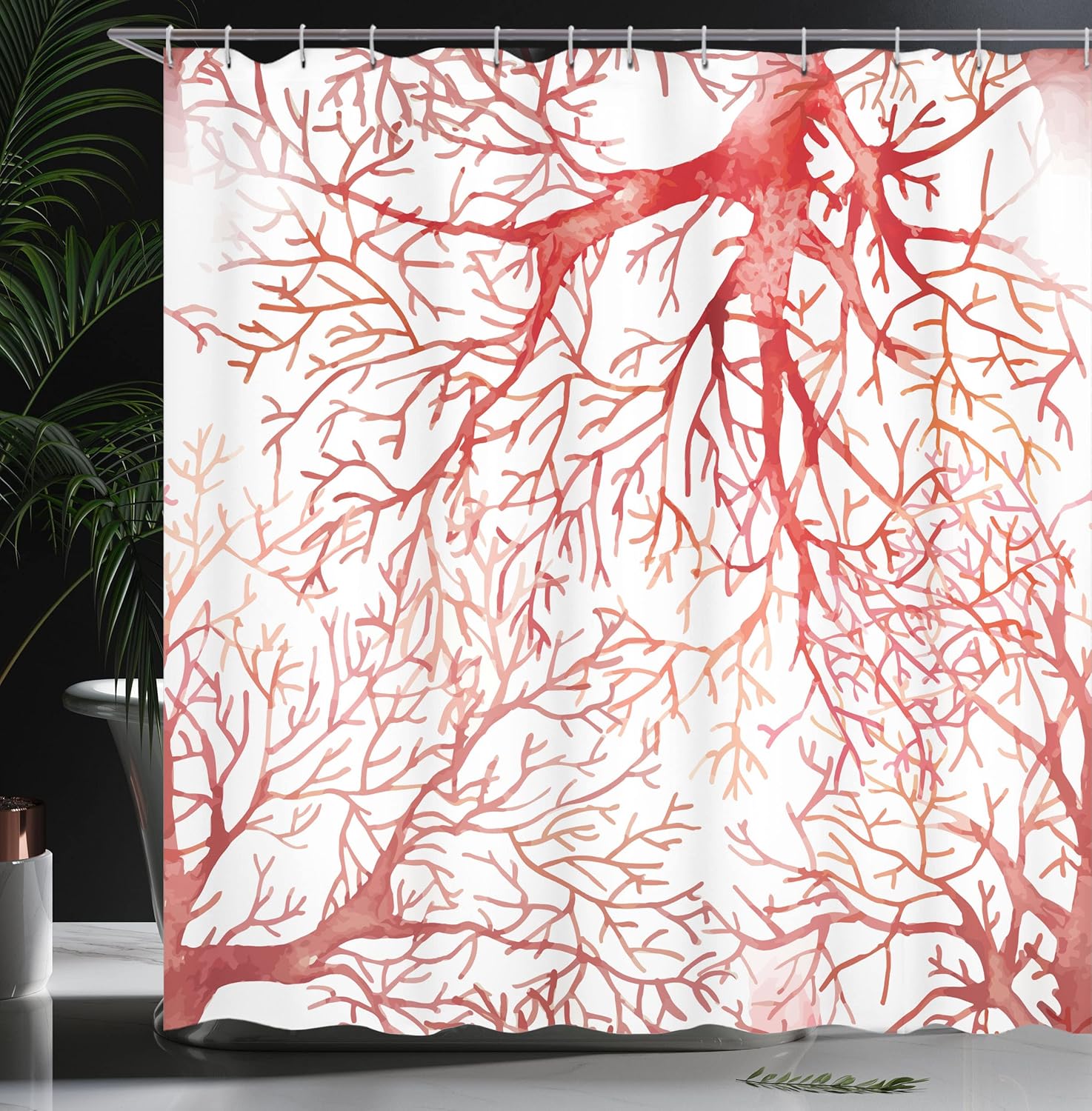 Ambesonne Coral Shower Curtain, Monochrome Watercolor Image of Leafless Fall Autumn Tree Branches Peaceful Print, Cloth Fabric Bathroom Decor Set with Hooks, 69" W x 75" L, Red