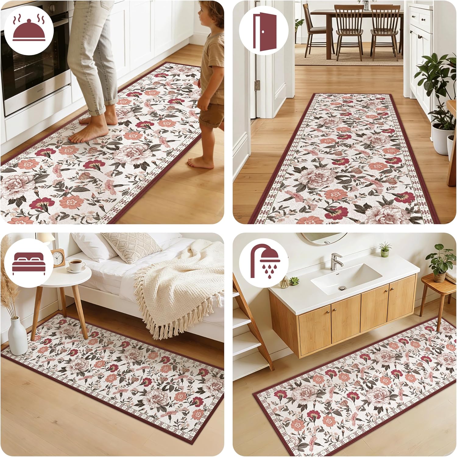 2x6 Hallway Runner Rug, Washable Soft Non Slip Low Pile Runner Rugs Modern Farmhouse Decor Floor Carpet for Kitchen Bedroom Laundry Red Floral