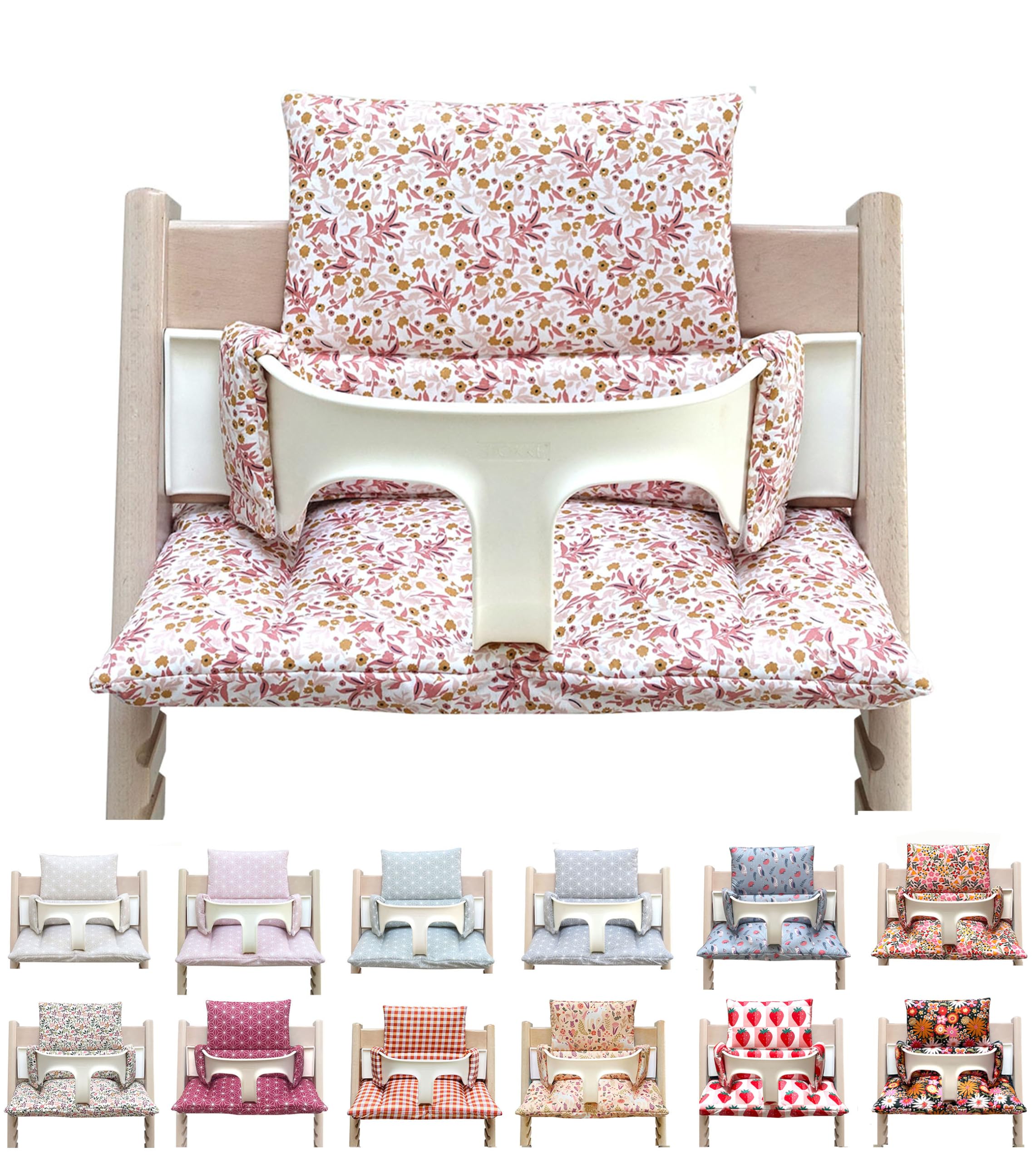 Set Cuscini Blausberg Per Seggiolone Stokke Tripp Trapp – 100% Cotone OEKO-TEX, Imbottito, Lavabile, Made In Germany (Prato Di Fiori Rosa)