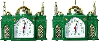 Mosque Shaped Alarm Clock Battery Mosque Clock Plays Islamic Muslim Azan Call to Prayer + Bell White Green Blue Pink Choose Single Pair or 4 Pack (Pair: Green)