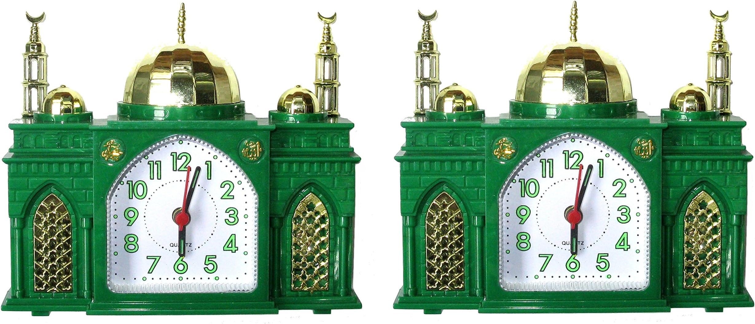 Mosque Shaped Alarm Clock Battery Mosque Clock Plays Islamic Muslim Azan Call to Prayer + Bell White Green Blue Pink Choose Single Pair or 4 Pack (Pair: Green)