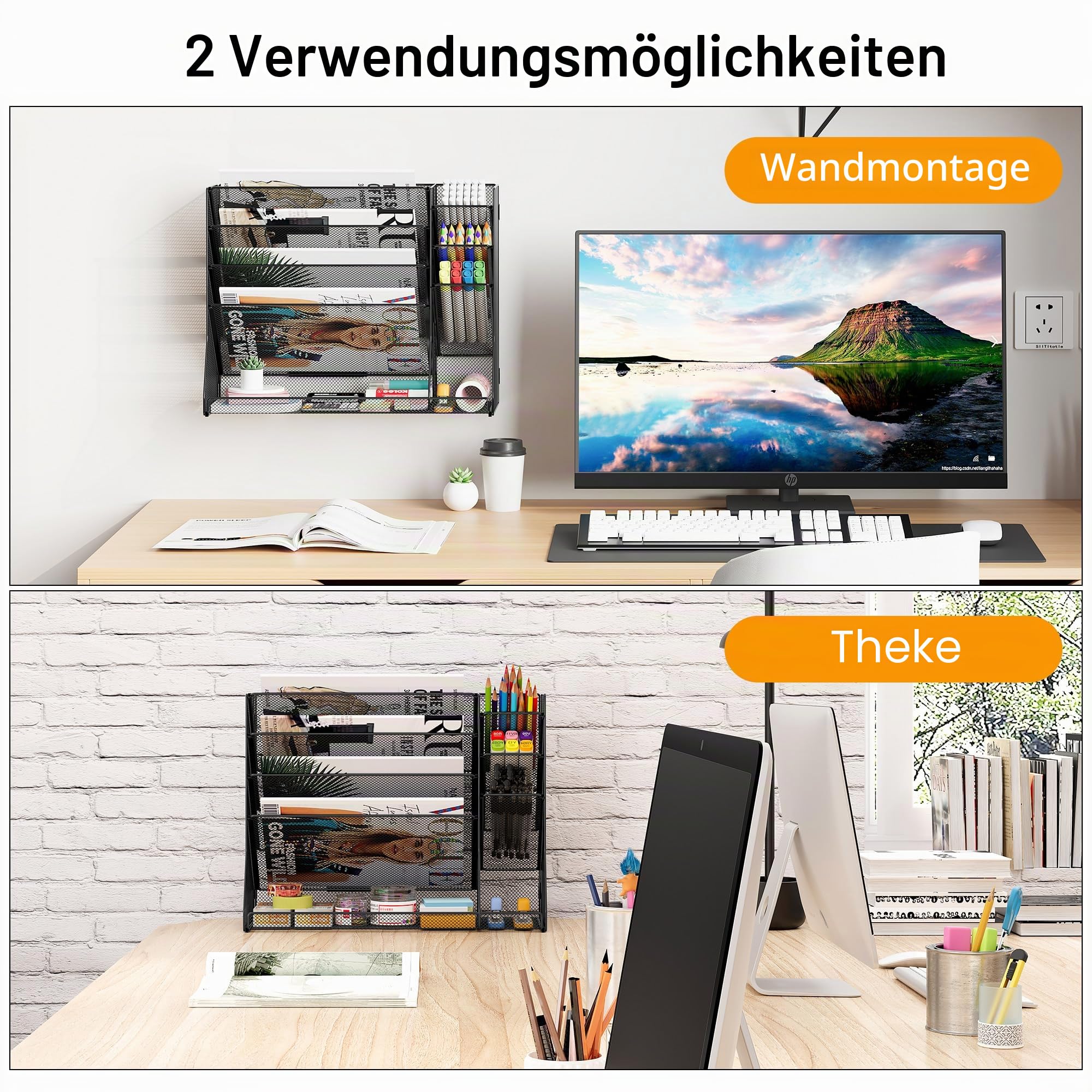 TQVAI 5 Fächer Metall Zeitschriftenhalter Wand Dokumenten Organizer mit 3 Stiftehalter A4 Papier Flyerhalter Postsortierer Dokumentenablage für Büro Zuhause Schule, Schwarz