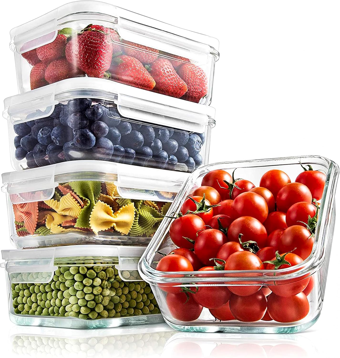 NutriChef 10-Piece Superior Glass Food Storage Containers Set (5 Containers + 5 Locking Lids),Stackable Meal-prep Design, BPA-free Airtight Clear Locking lids with Vent Lids & Air Hole, NCCLX5