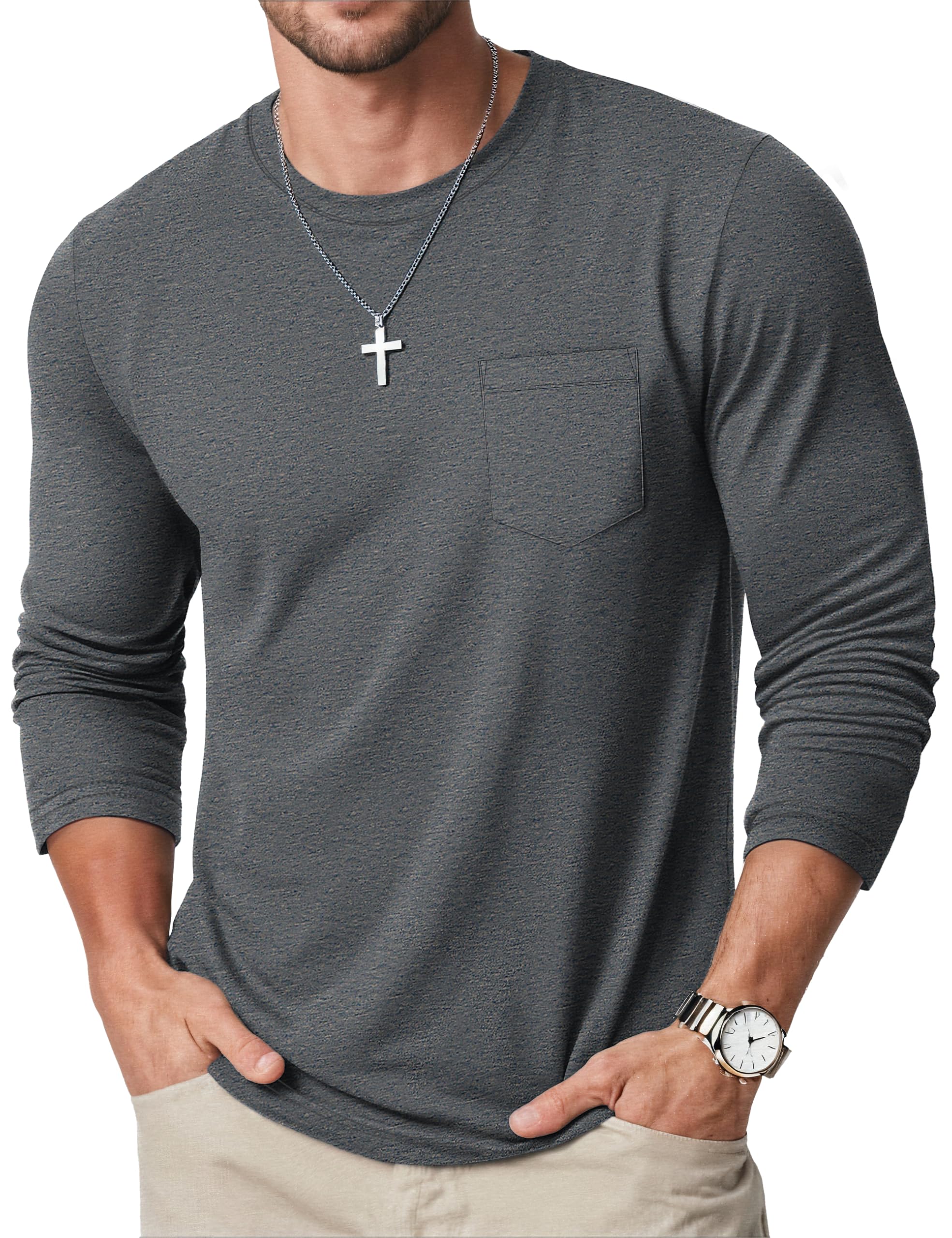 MAGCOMSEN Men's Long Sleeve Shirt with Pocket Cotton Crew Neck Shirts Casual Lightweight T-Shirt