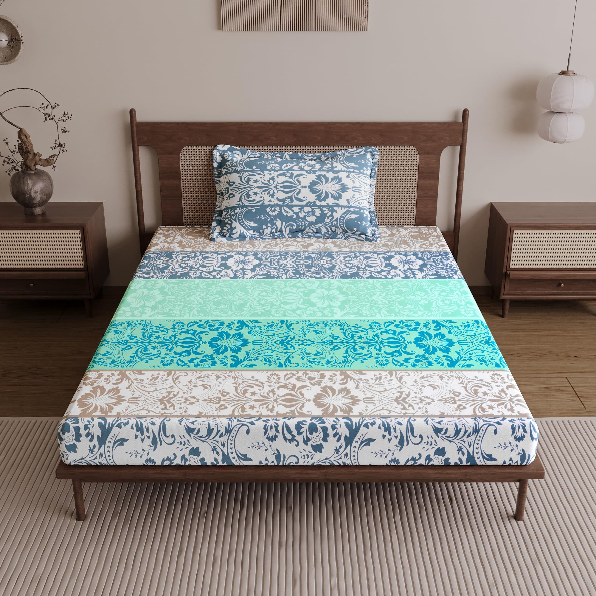 Divine Casa 144 TC 100% Cotton Single Bedsheet with 1 Pillow Cover | Soft Breathable Wrinkle Free Bed Sheet Set | Printed Bedding for Bedroom | 145 x 223 cm (Cream & Sky Blue, Floral) 1