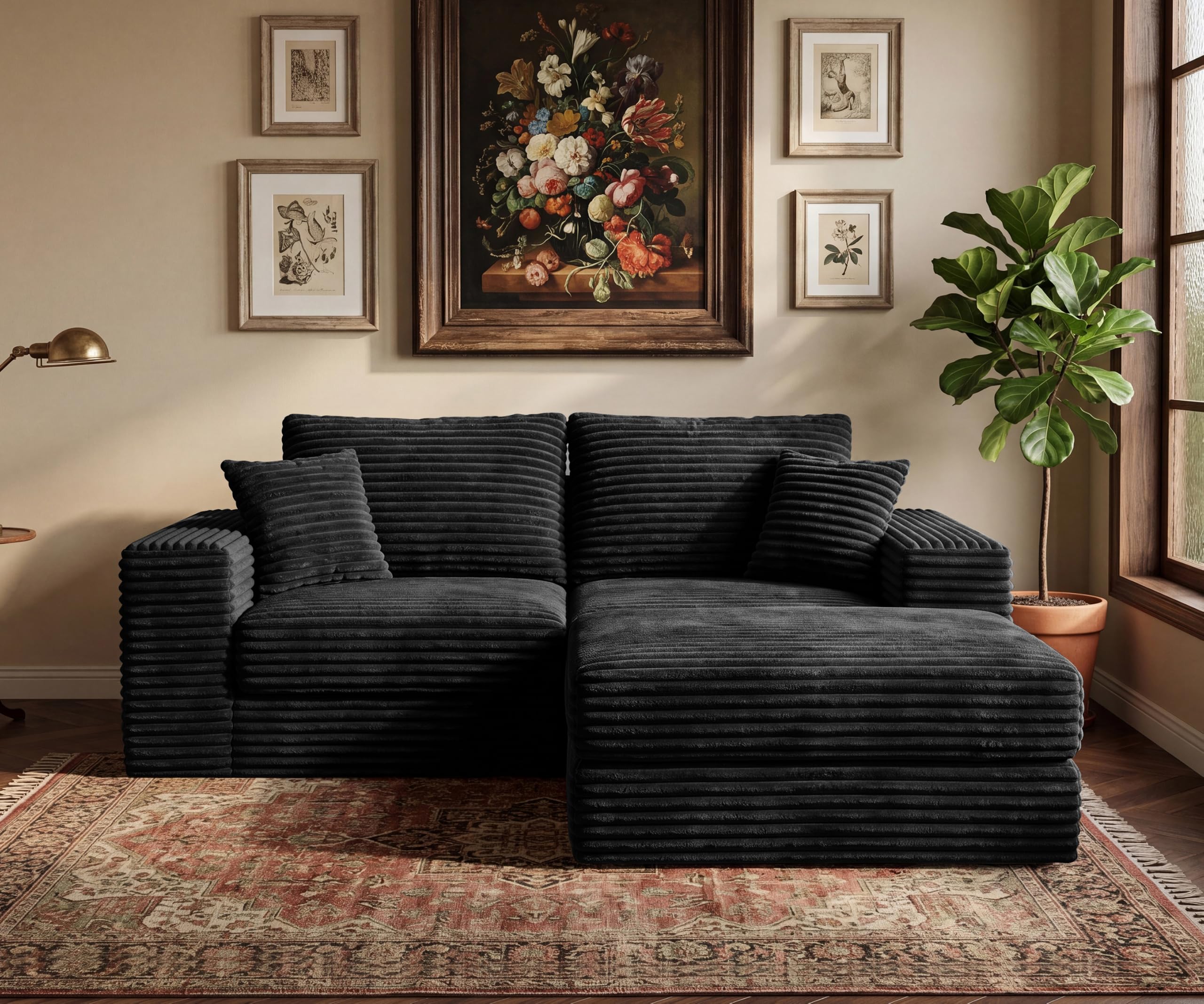 Photo 1 of 75'' L-Shaped Cloud Modular Sectional Couch with Chaise, Modern Corduroy Memory Foam Sofa Bed, Upholstered Boneless Deep Seat Fluffy Sleeper Sofa, for Living Room, No Assembly Needed (Black)