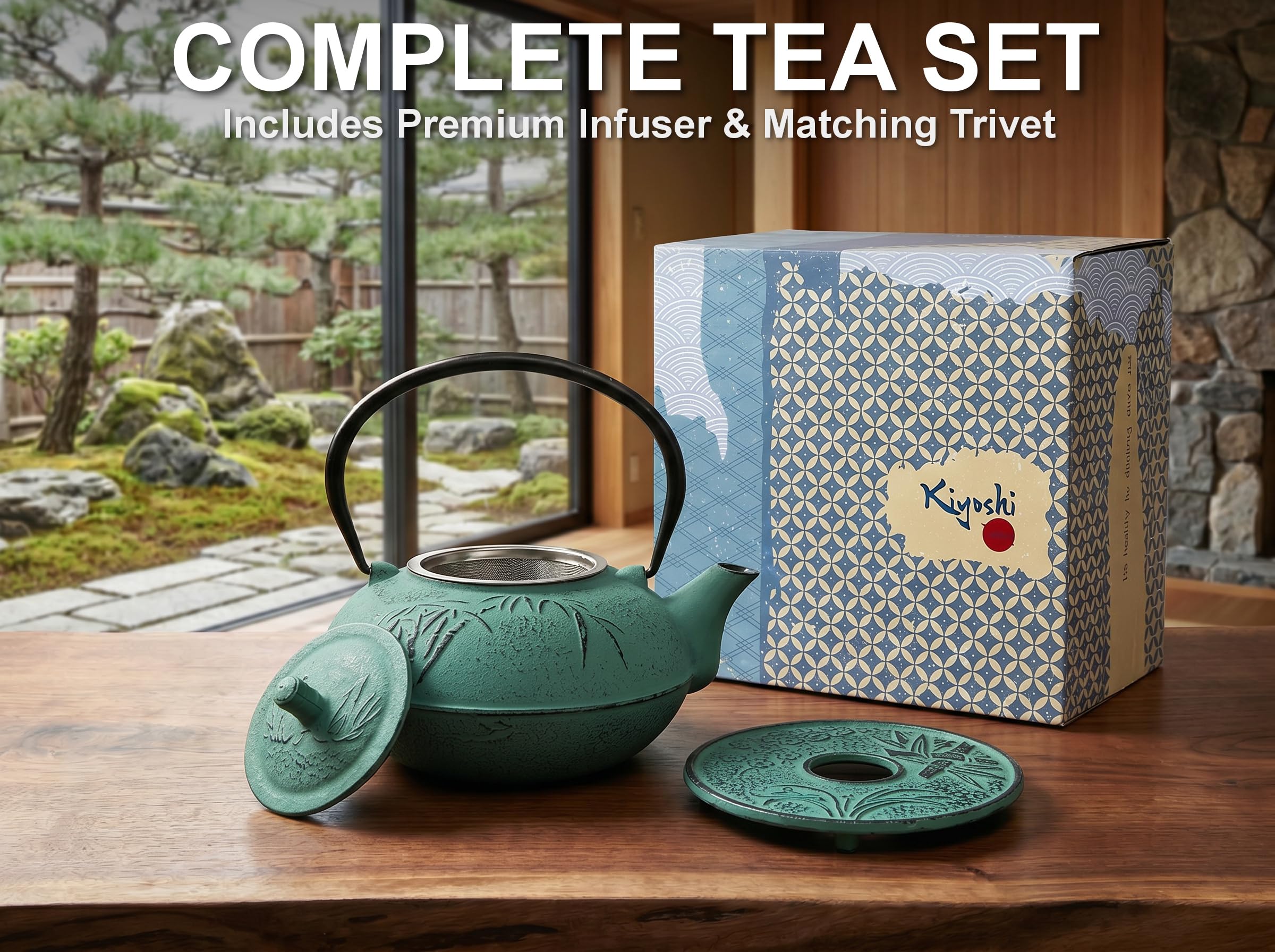 Tetera japonesa XXL de hierro fundido con infusor y salvamanteles a juego, tetera grande de 2500 ml con hojas sueltas de tetsubina con interior esmaltado, juego de humidificador de hierro fundido
