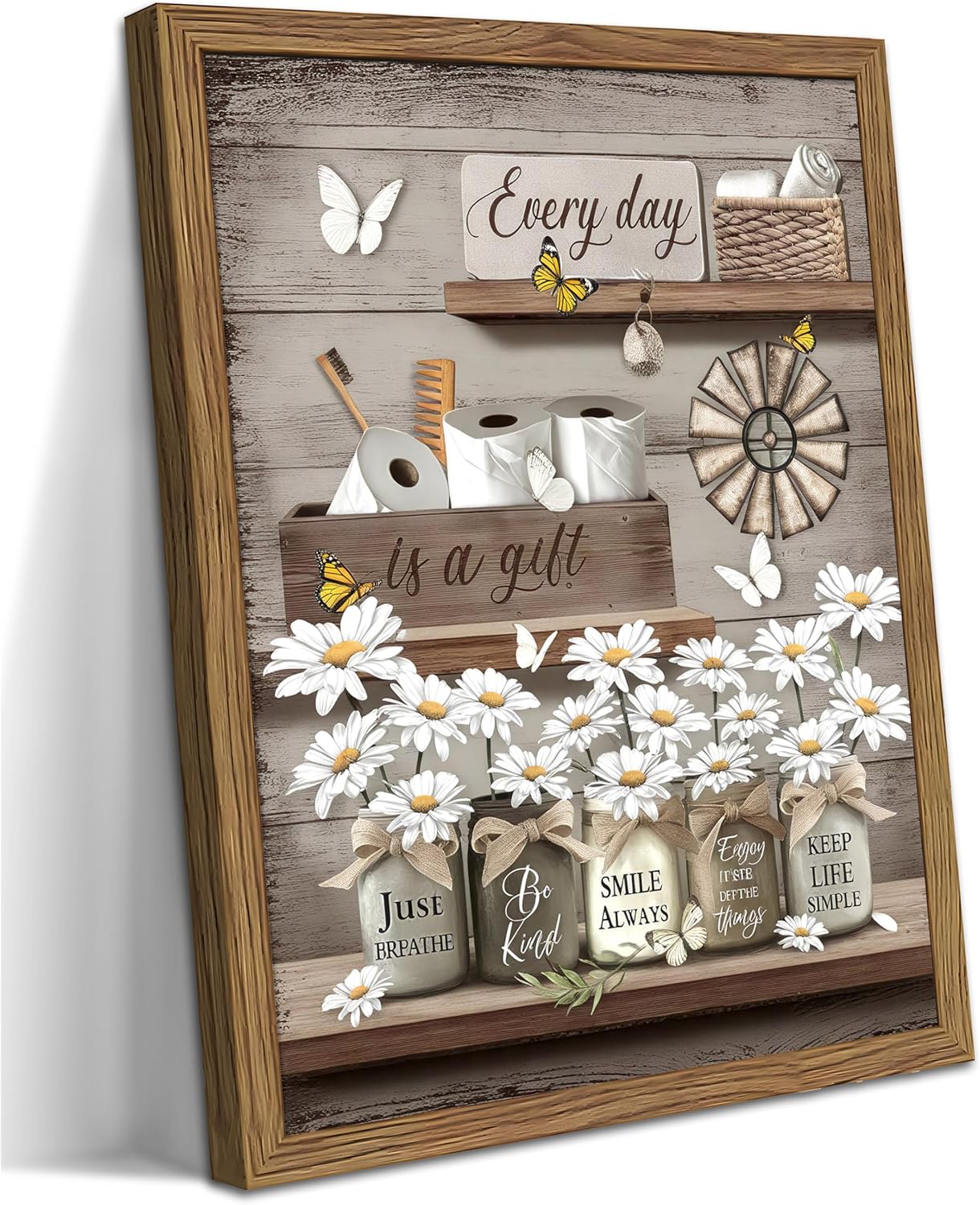 Wood Framed Farmhouse Bathroom Wall Art, Vintage Rustic Daisy Canvas Wall Decor Paintings, Flower Butterfly Inspirational Posters Prints Pictures Artwork for Bathroom Bedroom Living Room 16x24 Inch Brown Daisy Butterfly 24"L x 16"W