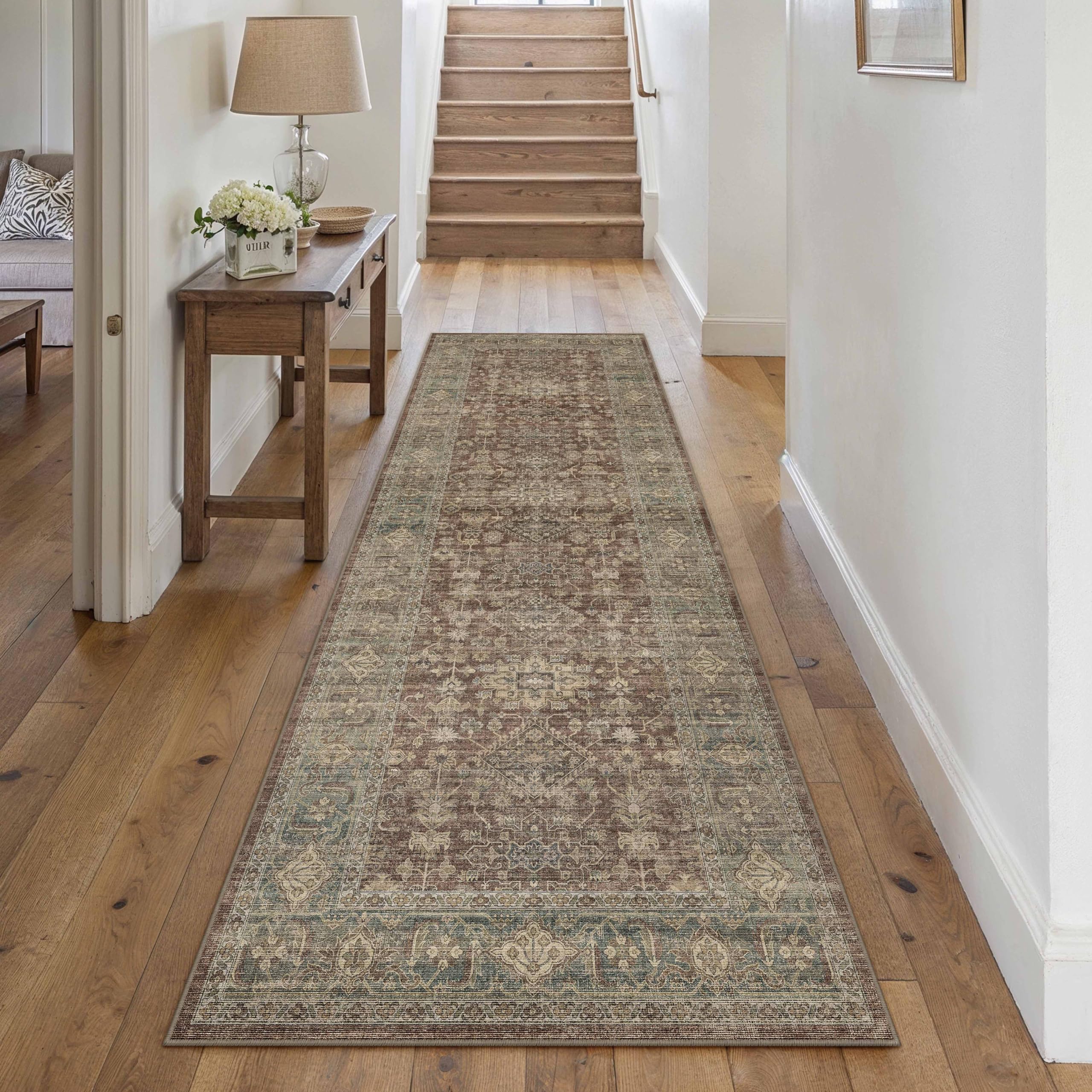 PureCozy Vintage Hallway Runner Rug 80x300cm Red Washable Non Slip Rugs Area Carpet Bedroom Bedside Dining Room Lounge Office Kitchen Soft Low Pile Long Carpets — image 1