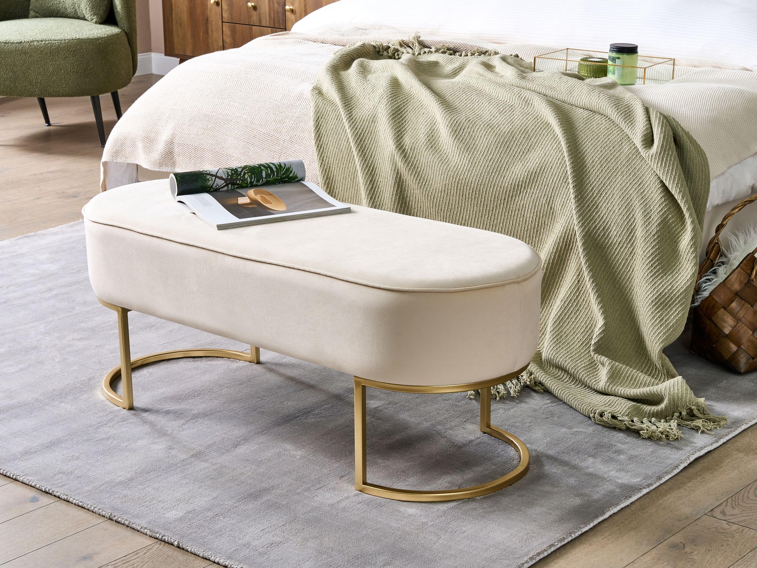 Banquette en Velours Crème Uni sur Pieds Dorés Rembourrage en Mousse Milry