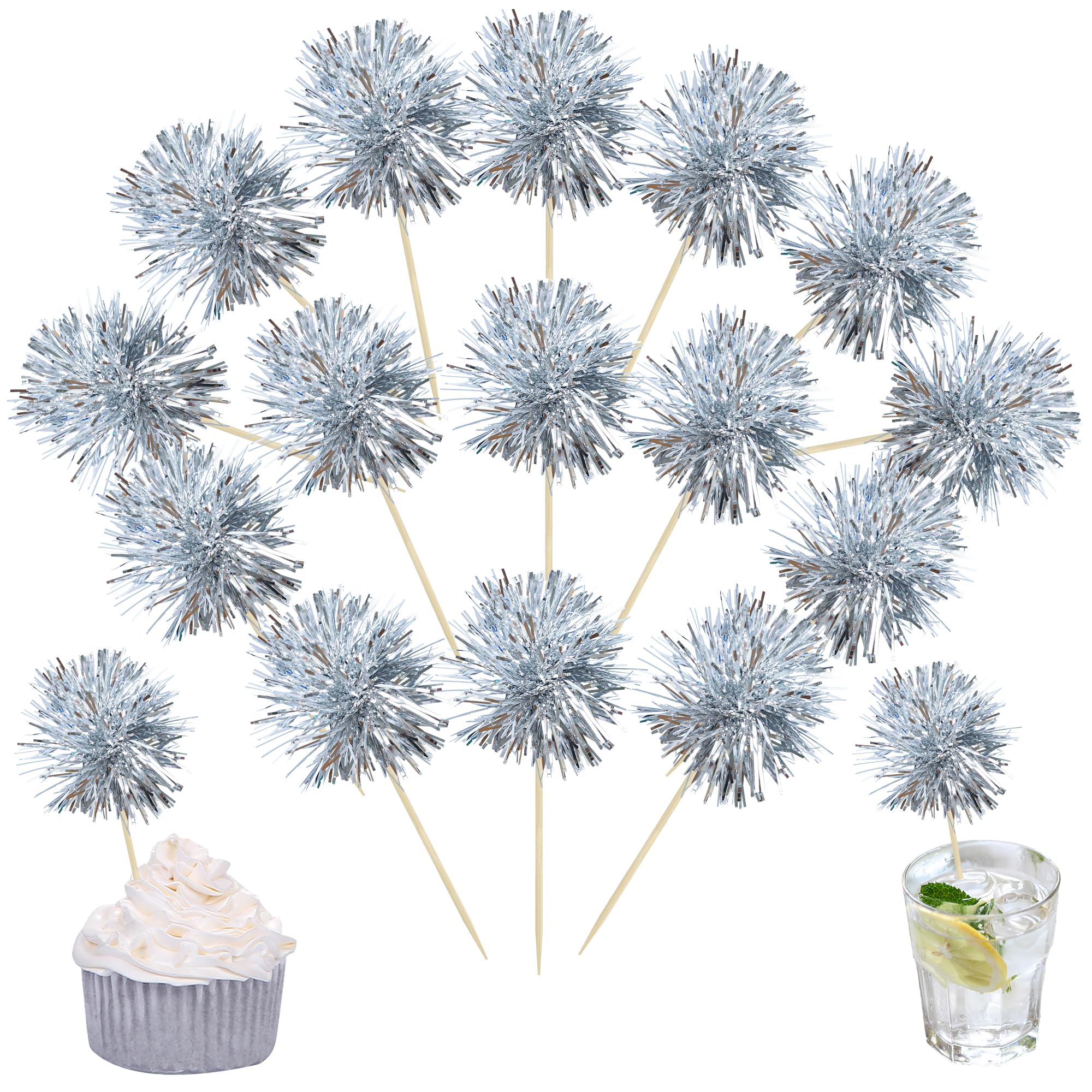 Ephlyn 30Pcs Foil Firework Cupcake Toppers Sparkle Tinsel Cupcake Picks Happy Birthday Cake Toppers Drink Stirrers Cocktail Food Fruit Toothpicks for Baby Shower Birthday Party Supplies Silver — image 1